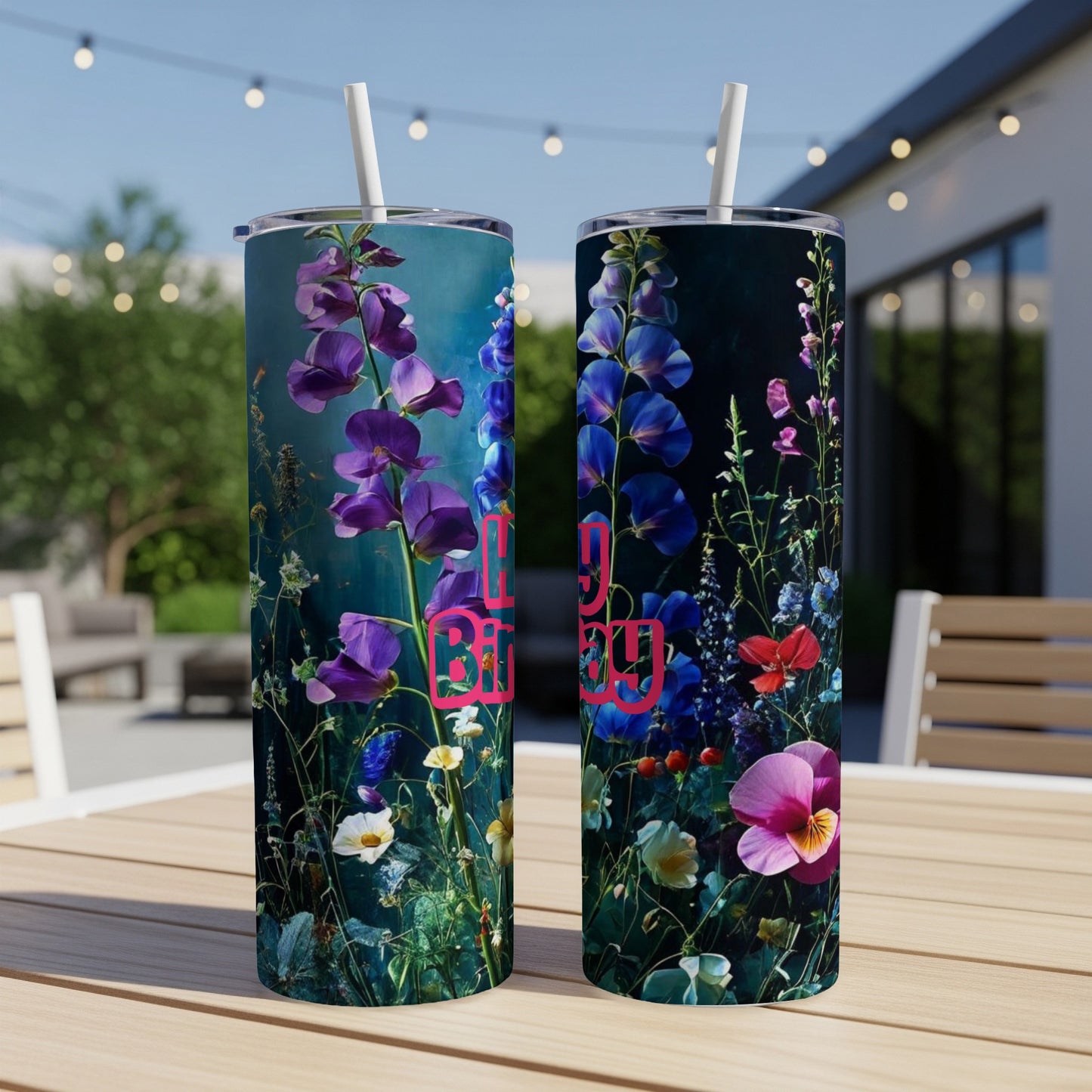 Two tumblers with a dark floral design and pink text.