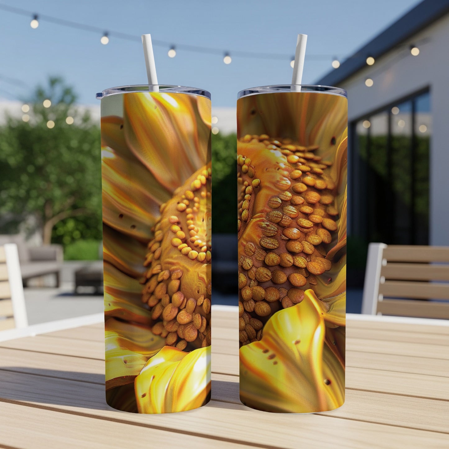 Two tumblers with a close-up sunflower design sit on a wooden table.