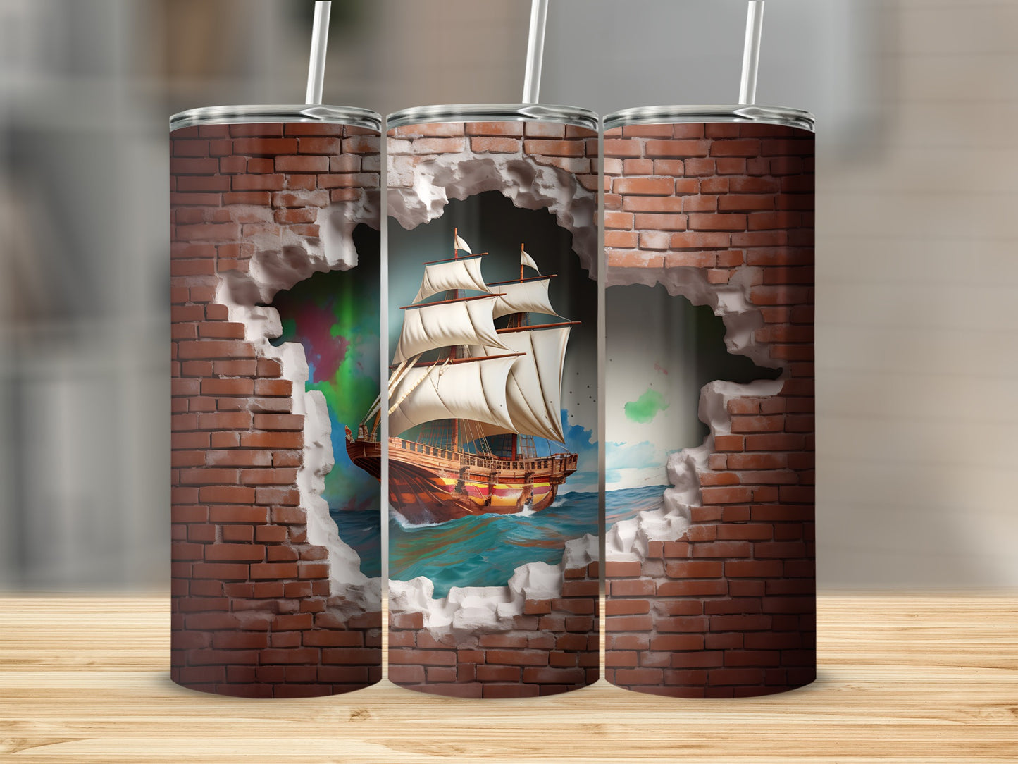 Nautical Ship Breaking Through Brick Wall Tumbler