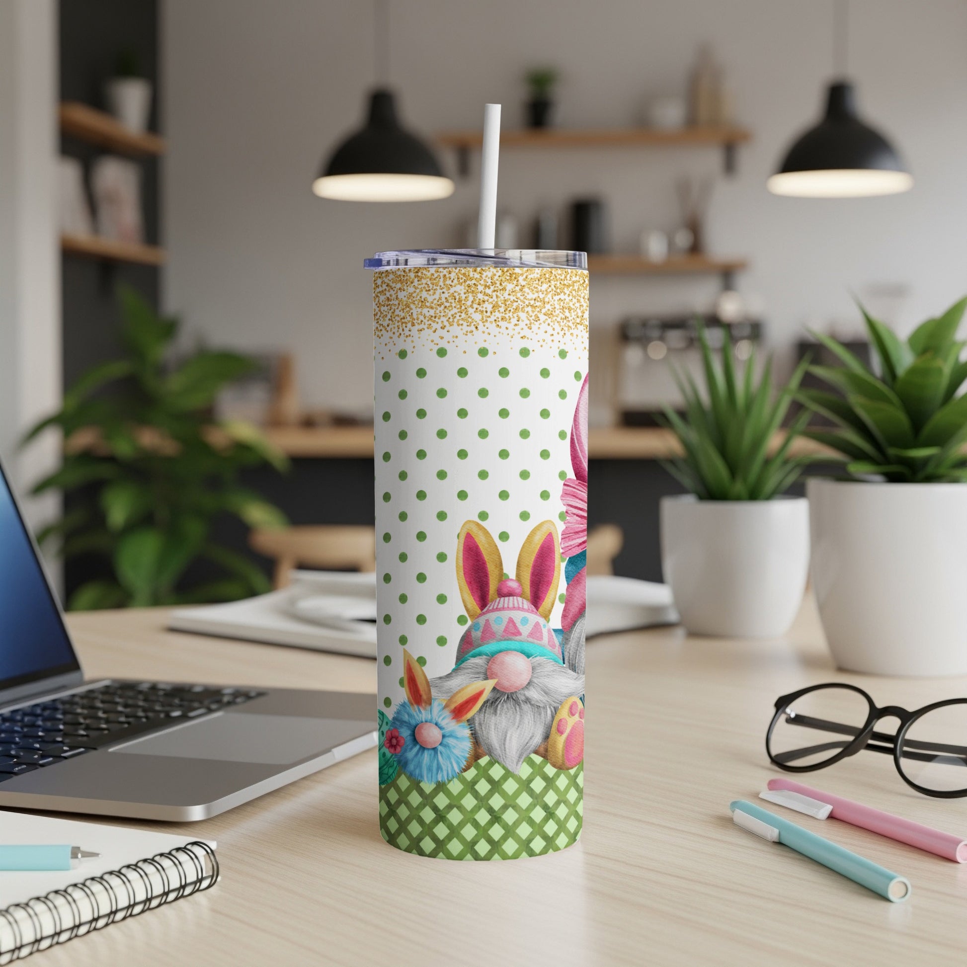 White tumbler with green polka dots, featuring Easter gnomes and bunnies.