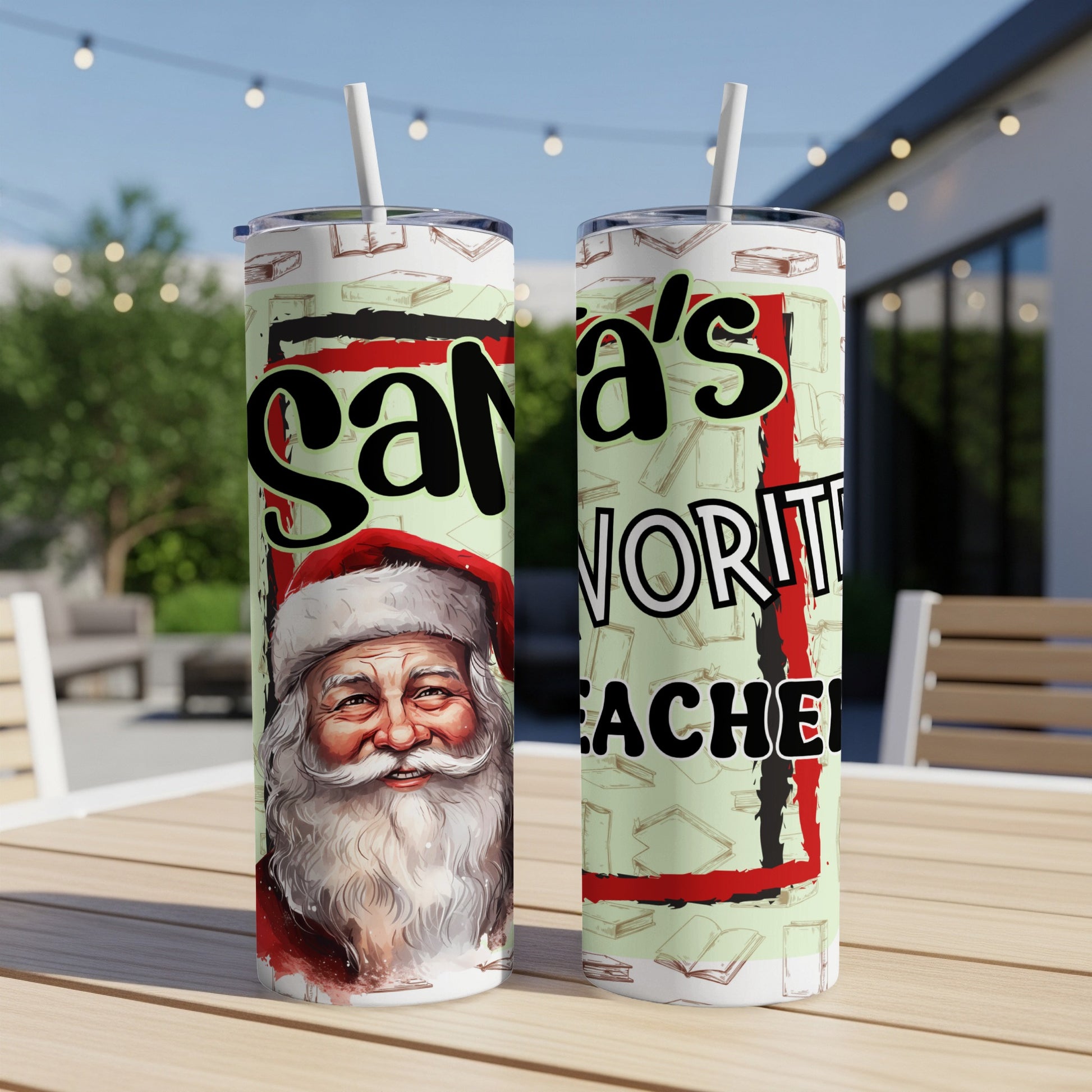 Santa's Favorite Teacher tumbler with Santa illustration.