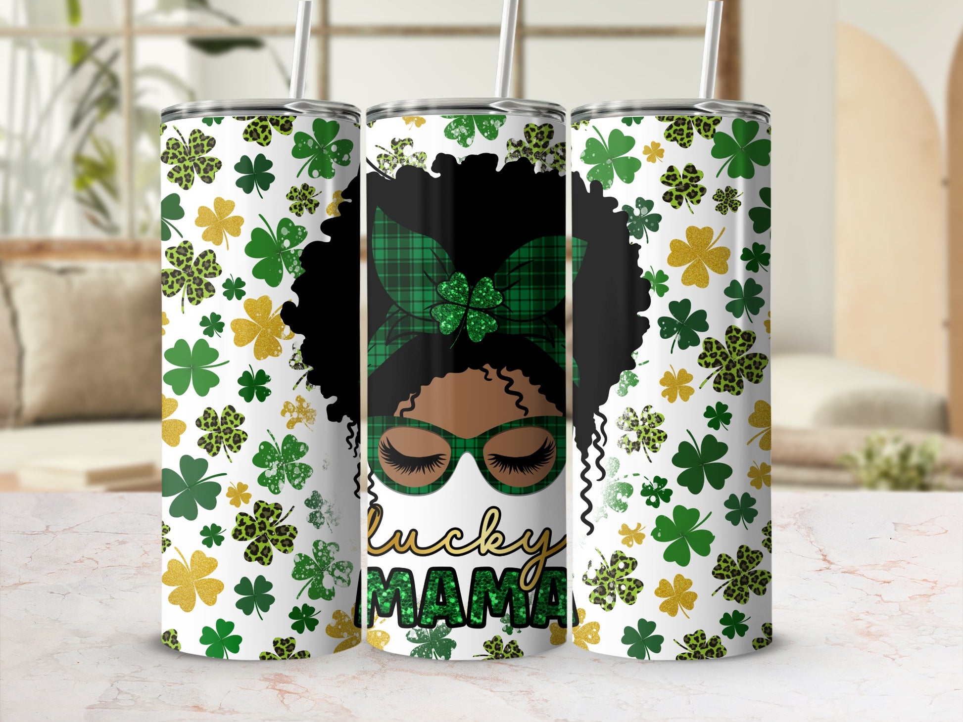 Lucky Mama tumbler with shamrock pattern and green bandana.