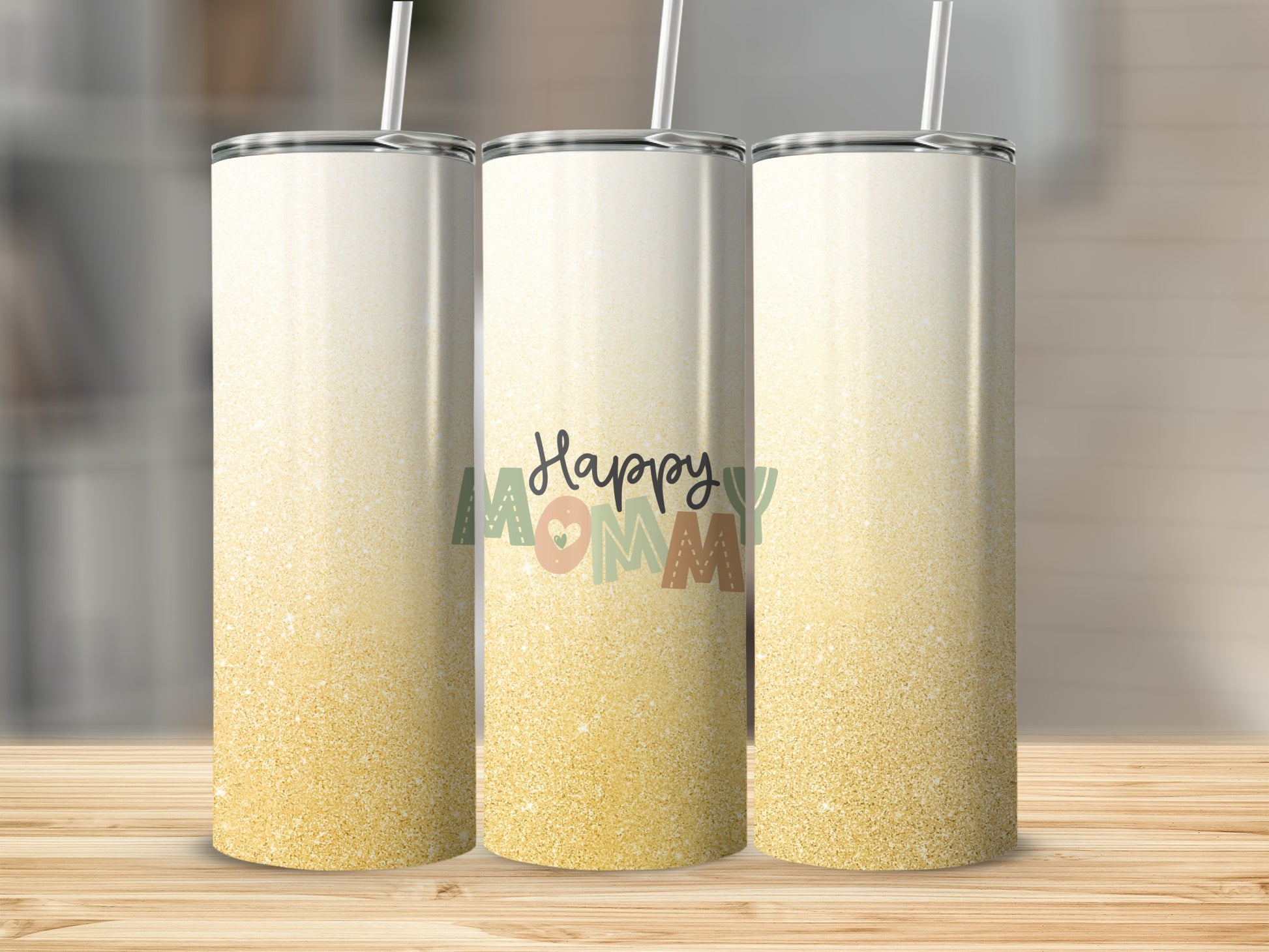 Three tumblers with a glitter ombre design and "Happy Mom" text.