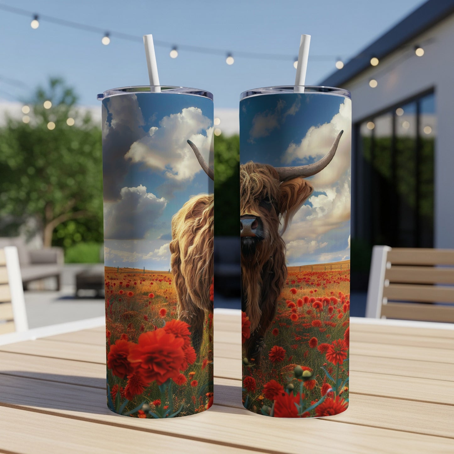 Highland cow in poppy field on tumbler with straw.