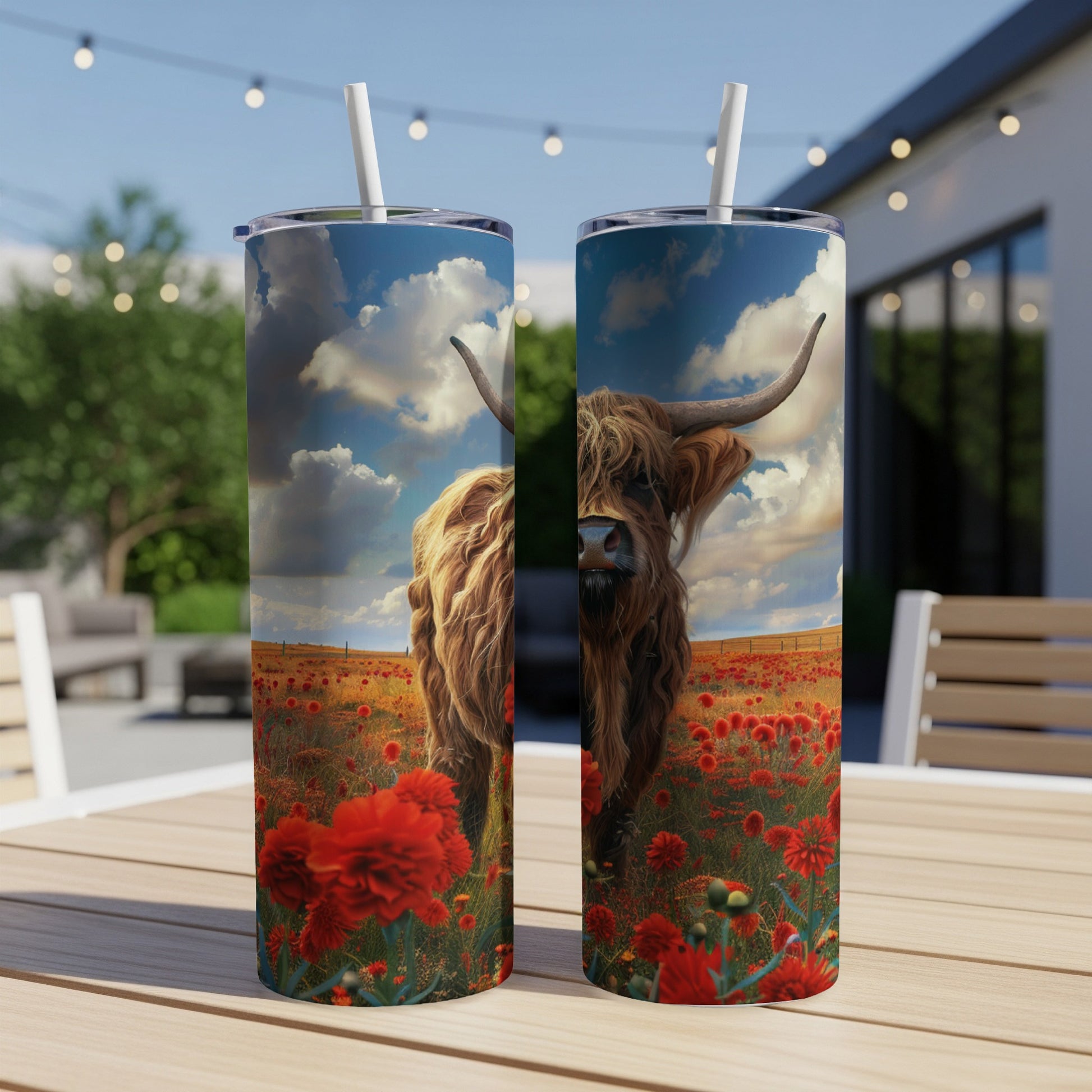 Highland cow in poppy field on tumbler with straw.