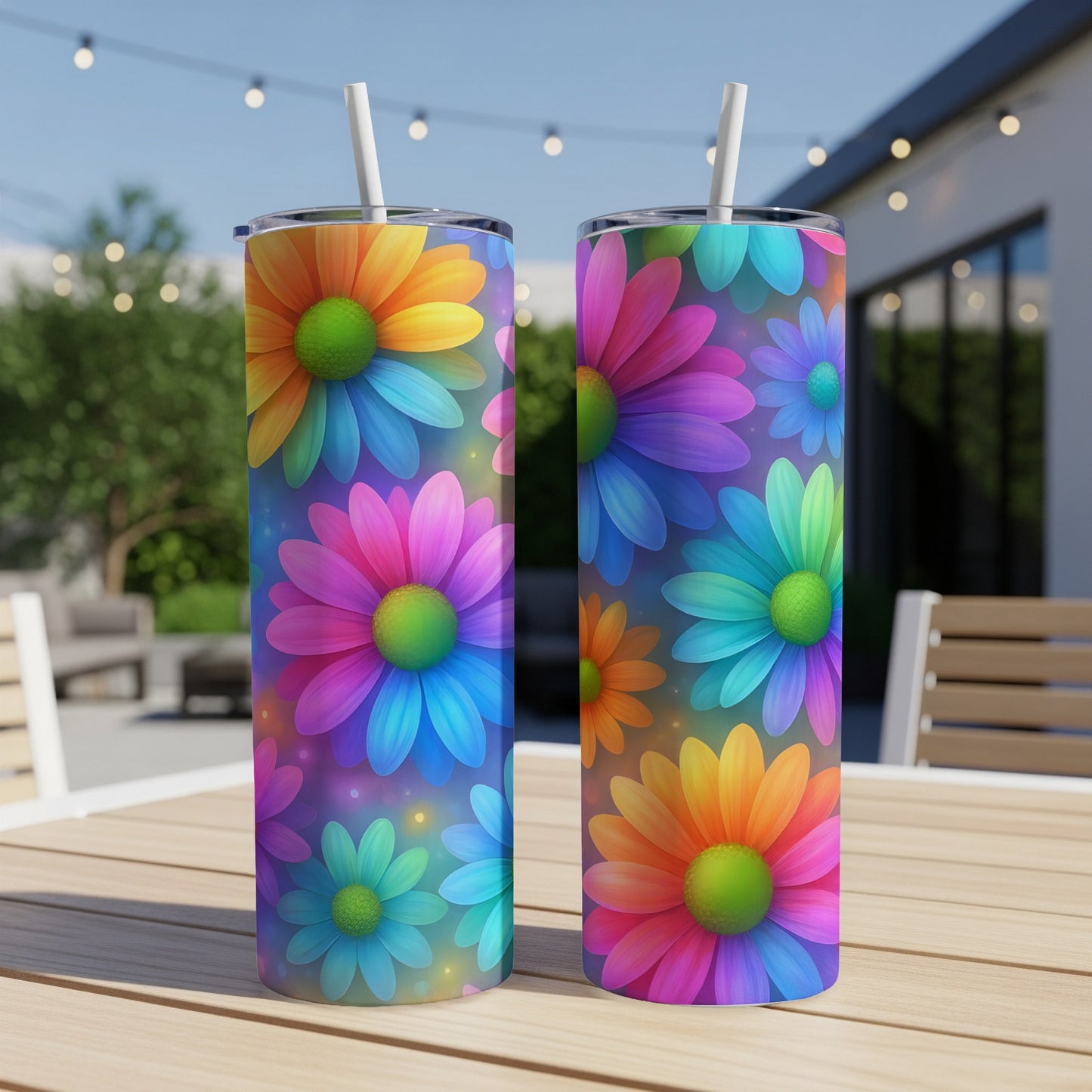 Two colorful daisy tumblers with straws on a table outdoors.