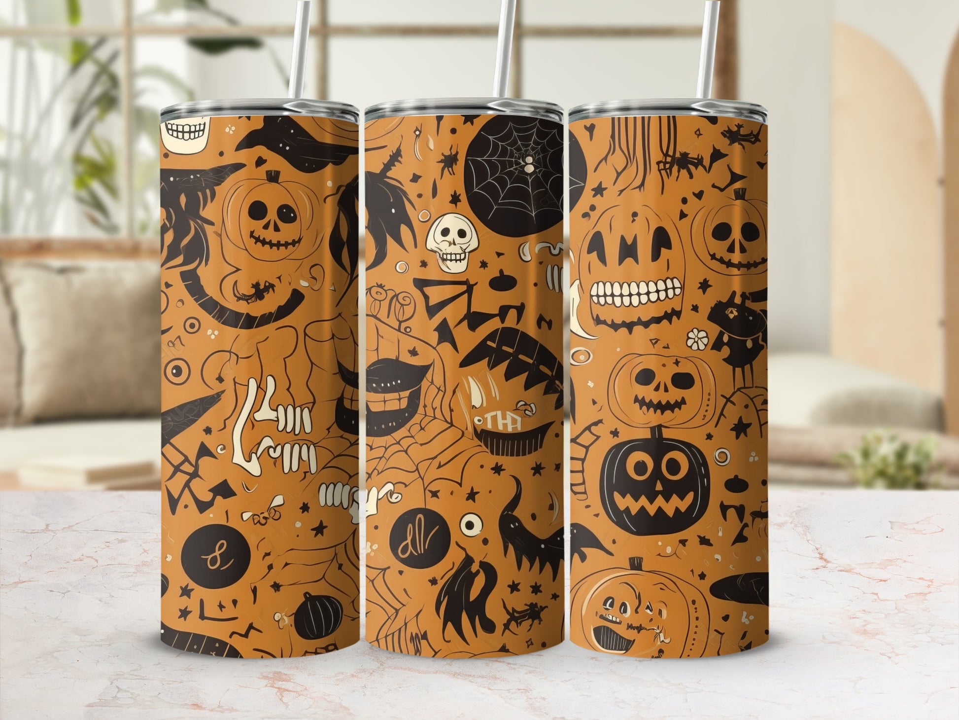 Halloween Pumpkin and Skeleton Themed Tumbler Cups
