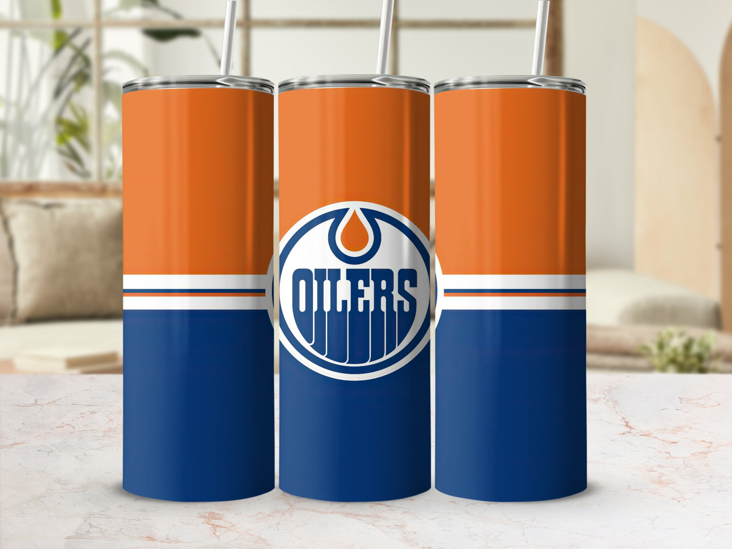Three tumblers with Edmonton Oilers logo, orange top, blue bottom, and white stripe.