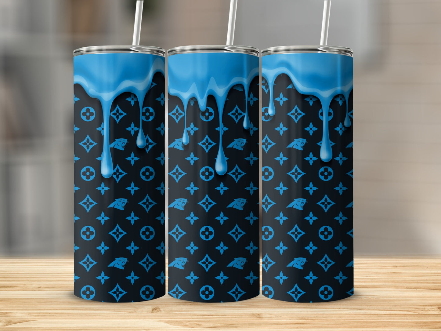 Carolina Panthers Blue Designer Drip Pattern Style Tumblers
