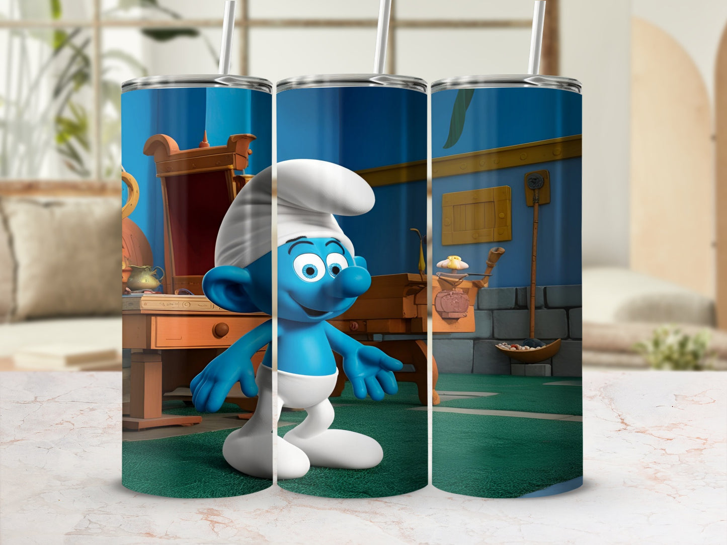 Smurf wearing a chef's hat and apron in a kitchen.