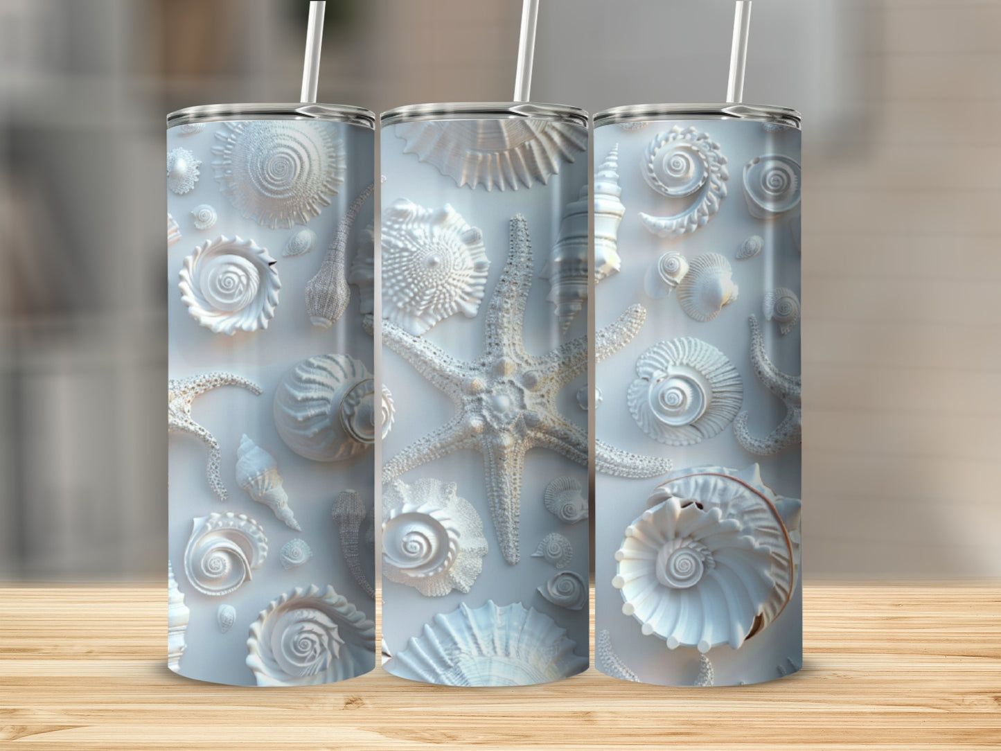 White tumbler with textured seashells and starfish design.