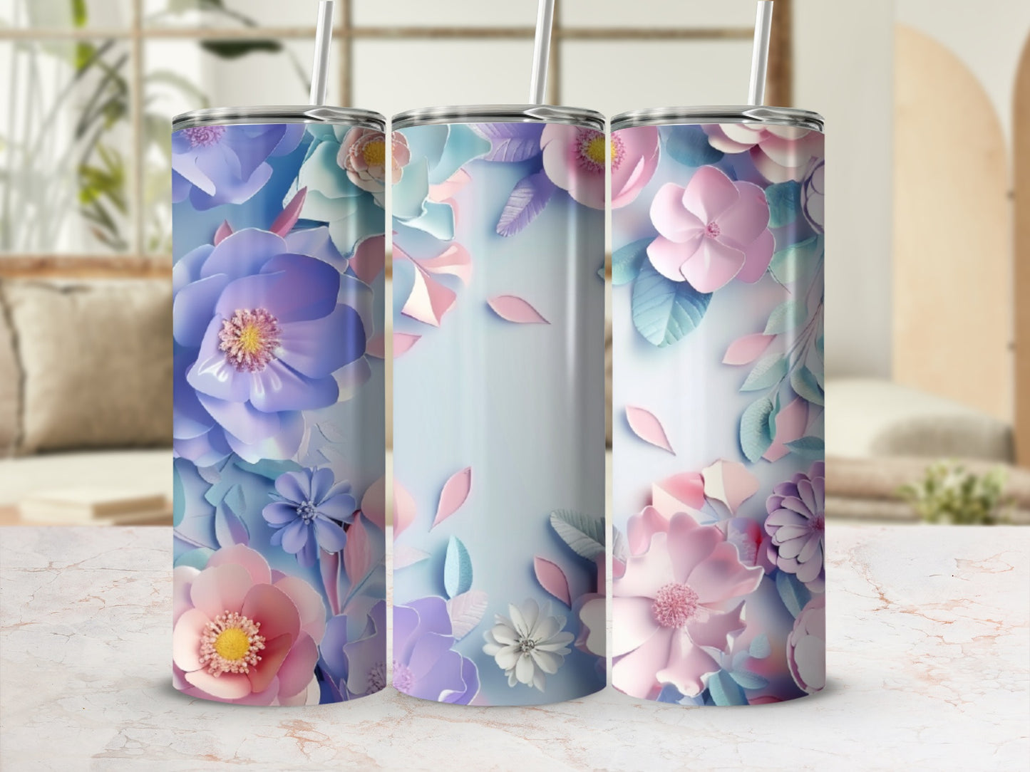 Floral patterned tumblers with blue, pink, and purple flowers.