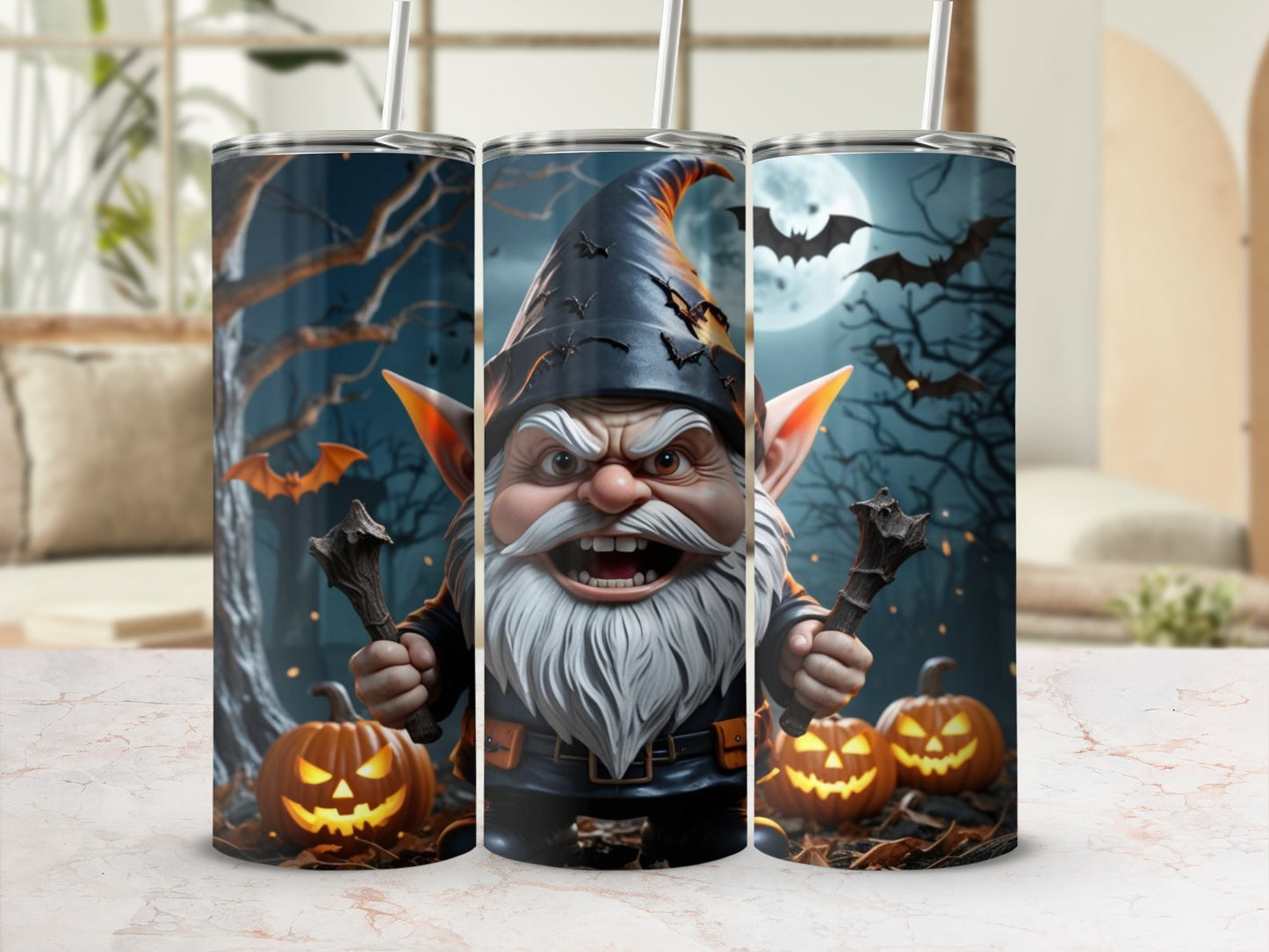 Halloween Gnome with Pumpkins and Bats Tumbler