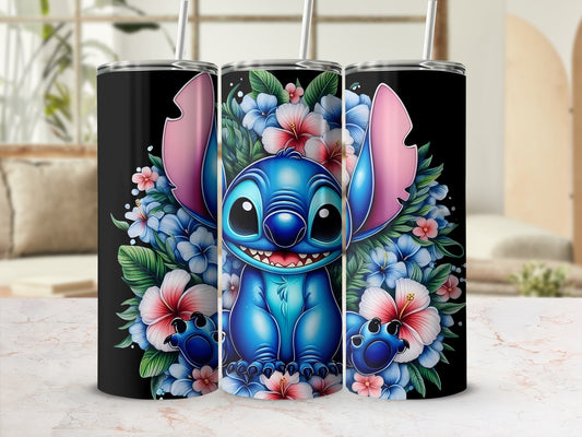 Cute Blue Alien Surrounded By Colorful Flowers Tumbler