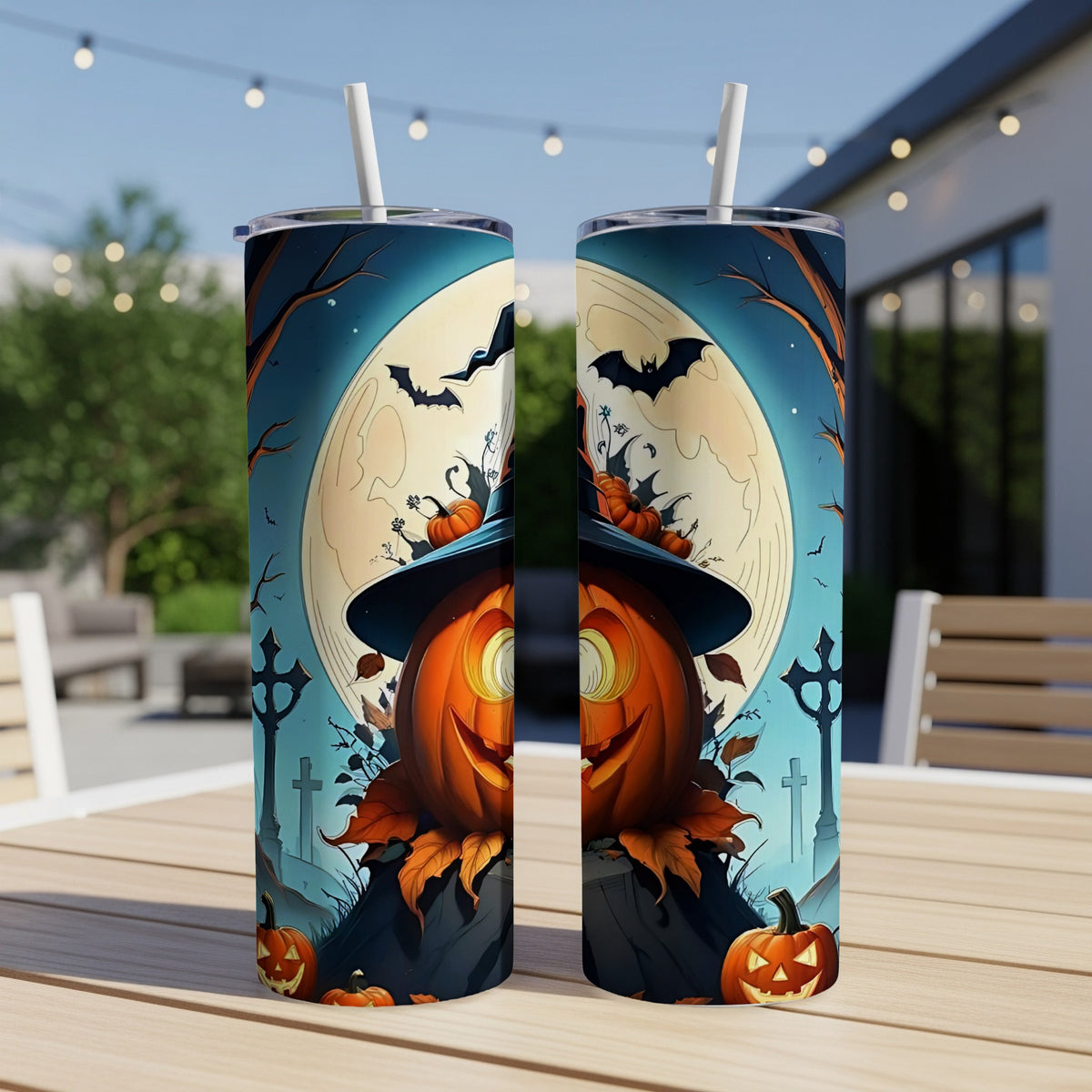 Two tumblers with a Halloween design featuring pumpkins, bats, and a full moon.