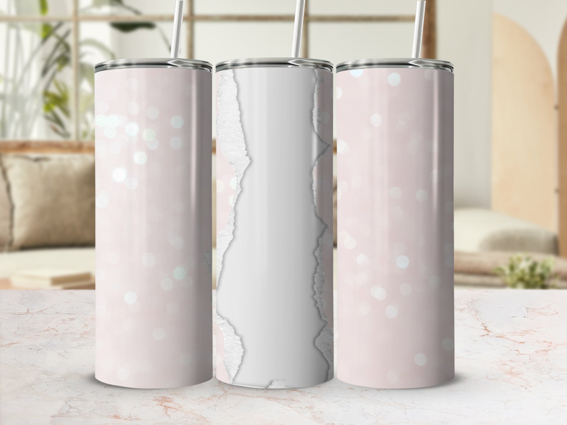 Pink speckled tumbler with torn paper texture and straw.