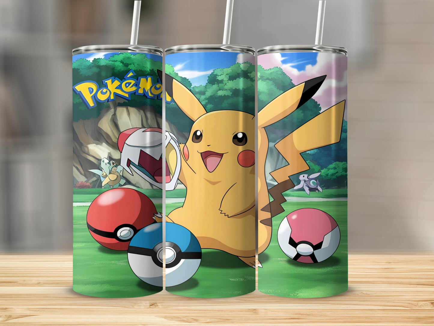 Pikachu and Poké Balls on a grassy field with Pokémon branding.