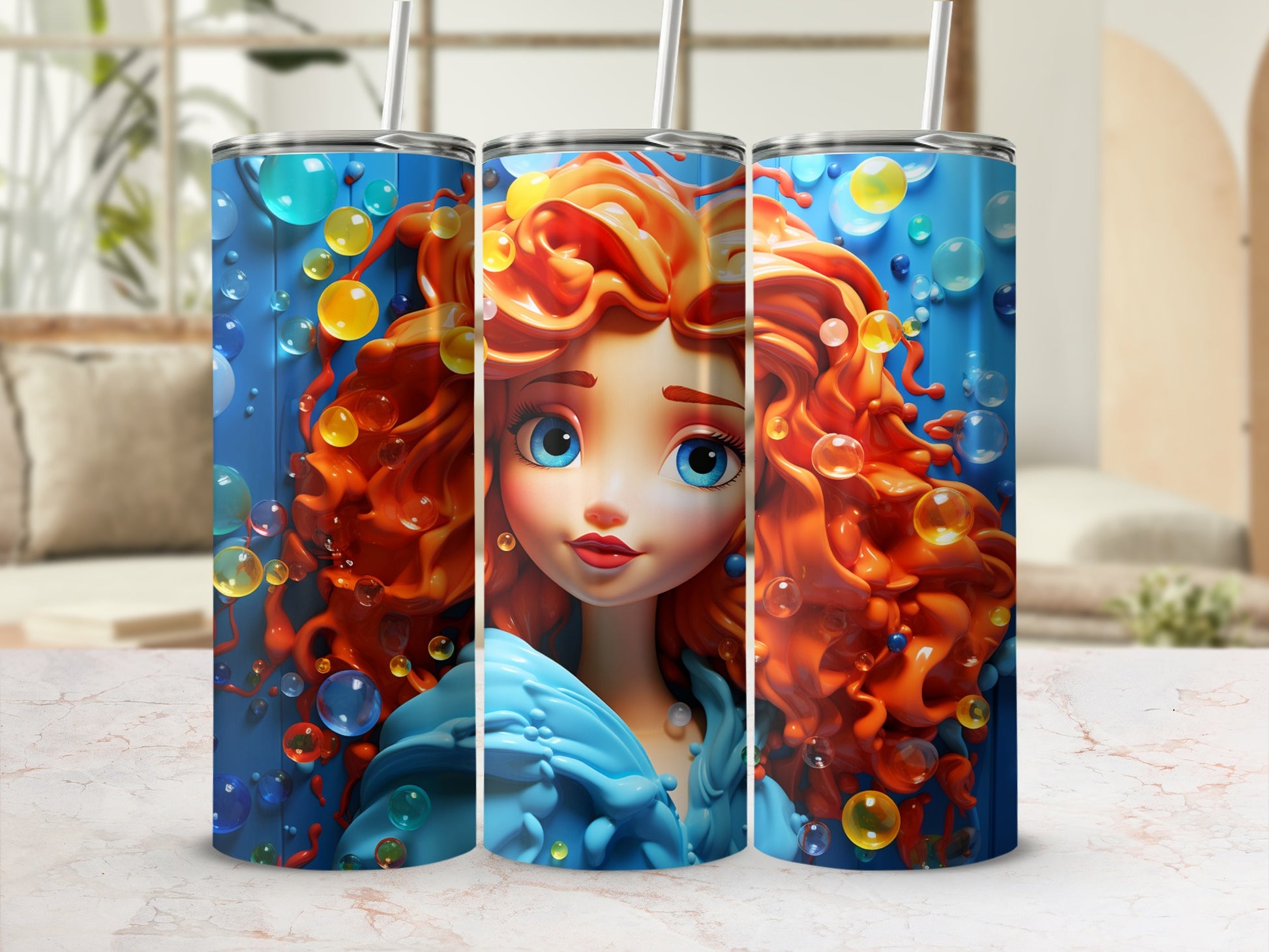 Colorful Bubble Artwork Tumbler with Red-Haired Girl Design
