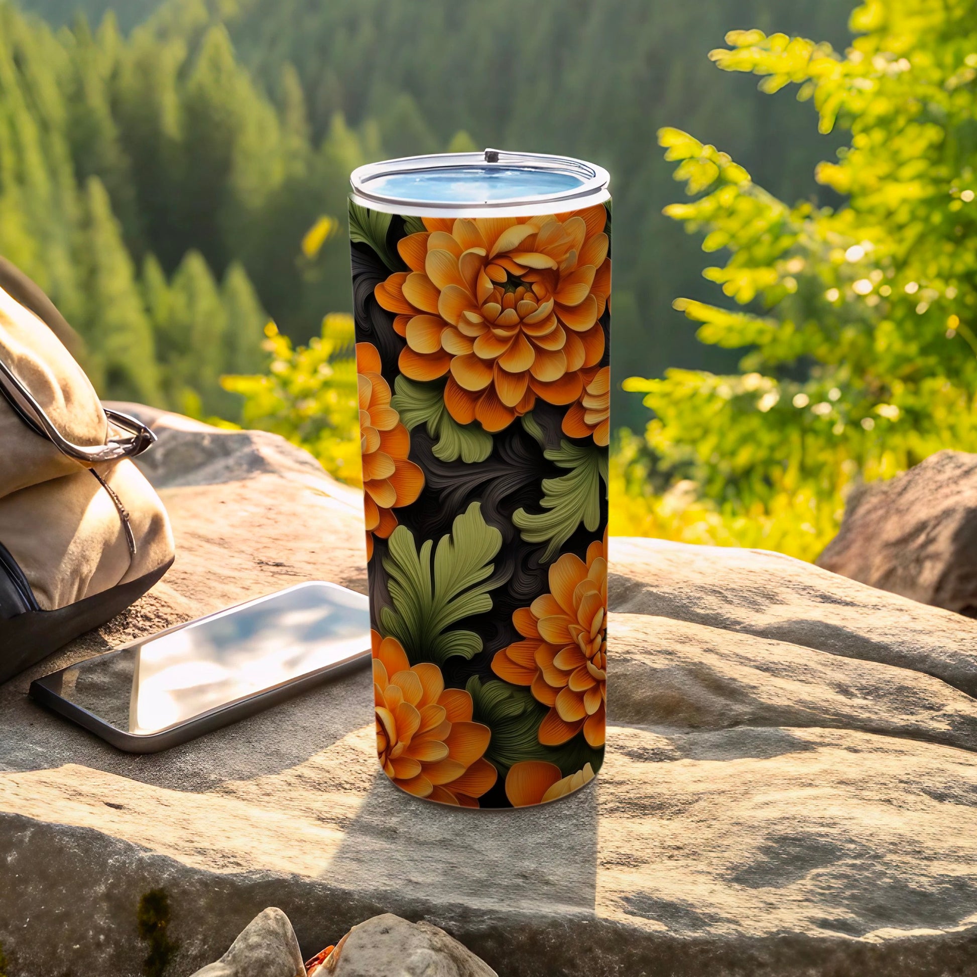 Orange Chrysanthemum Green Leaf Dark Floral Pattern Tumbler product type