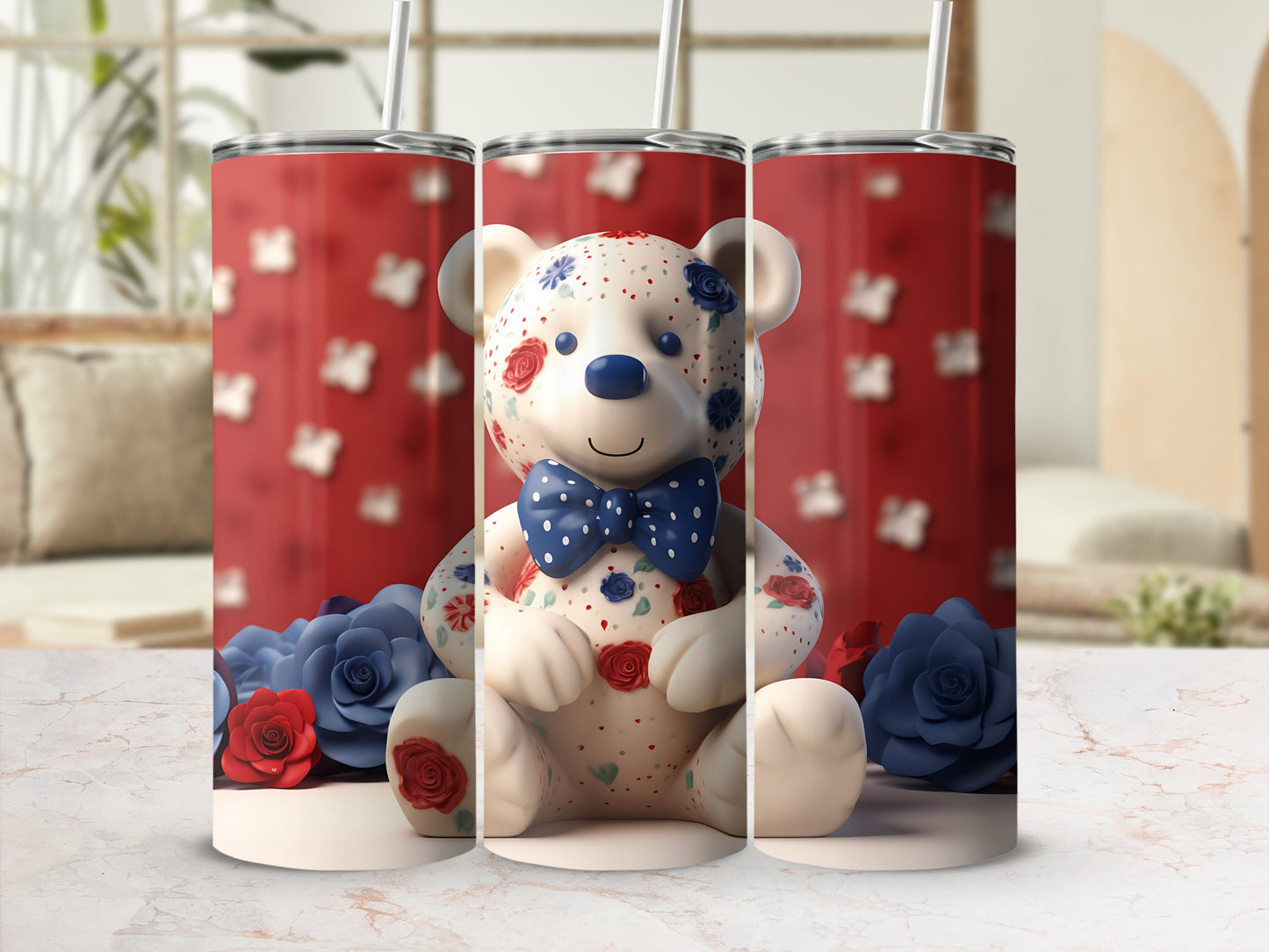 Teddy bear tumbler with red roses and blue flowers.