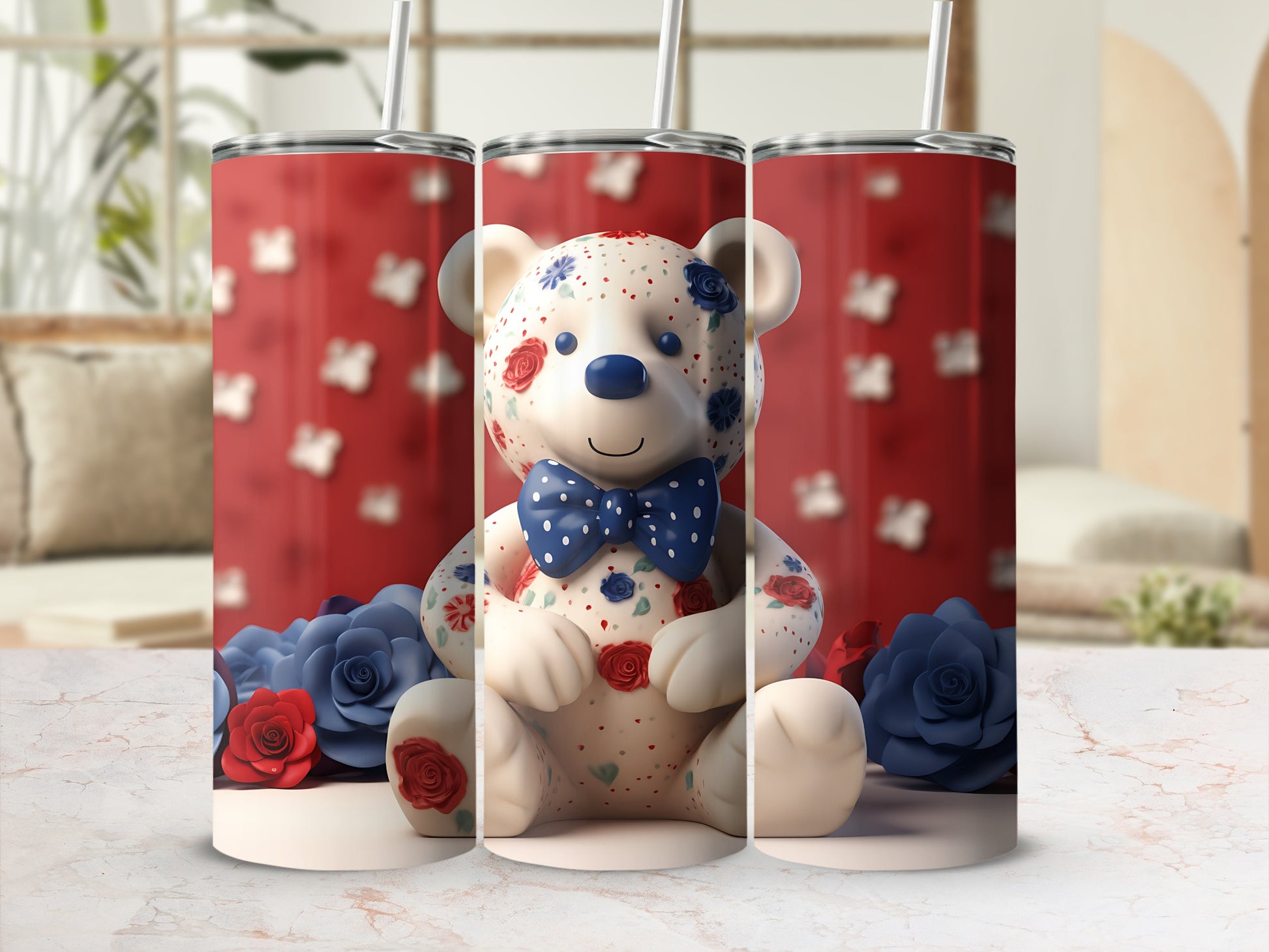 Teddy bear tumbler with red roses and blue flowers.