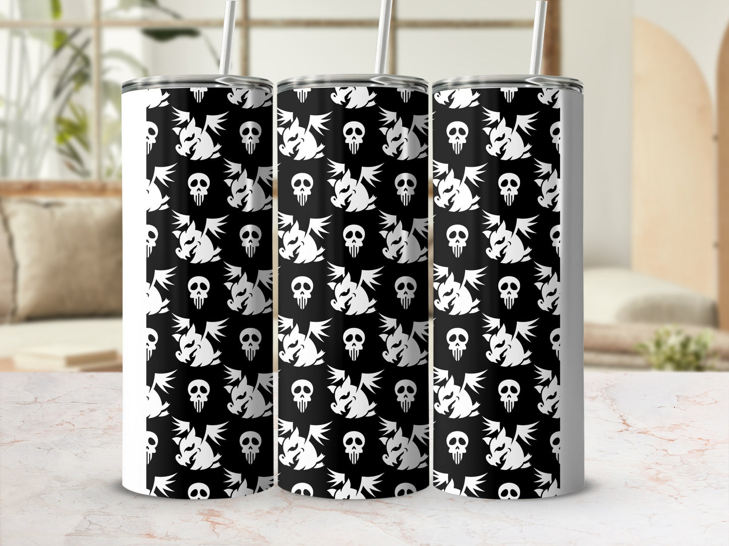 Black White Skulls Wings Pattern Tumbler product type
