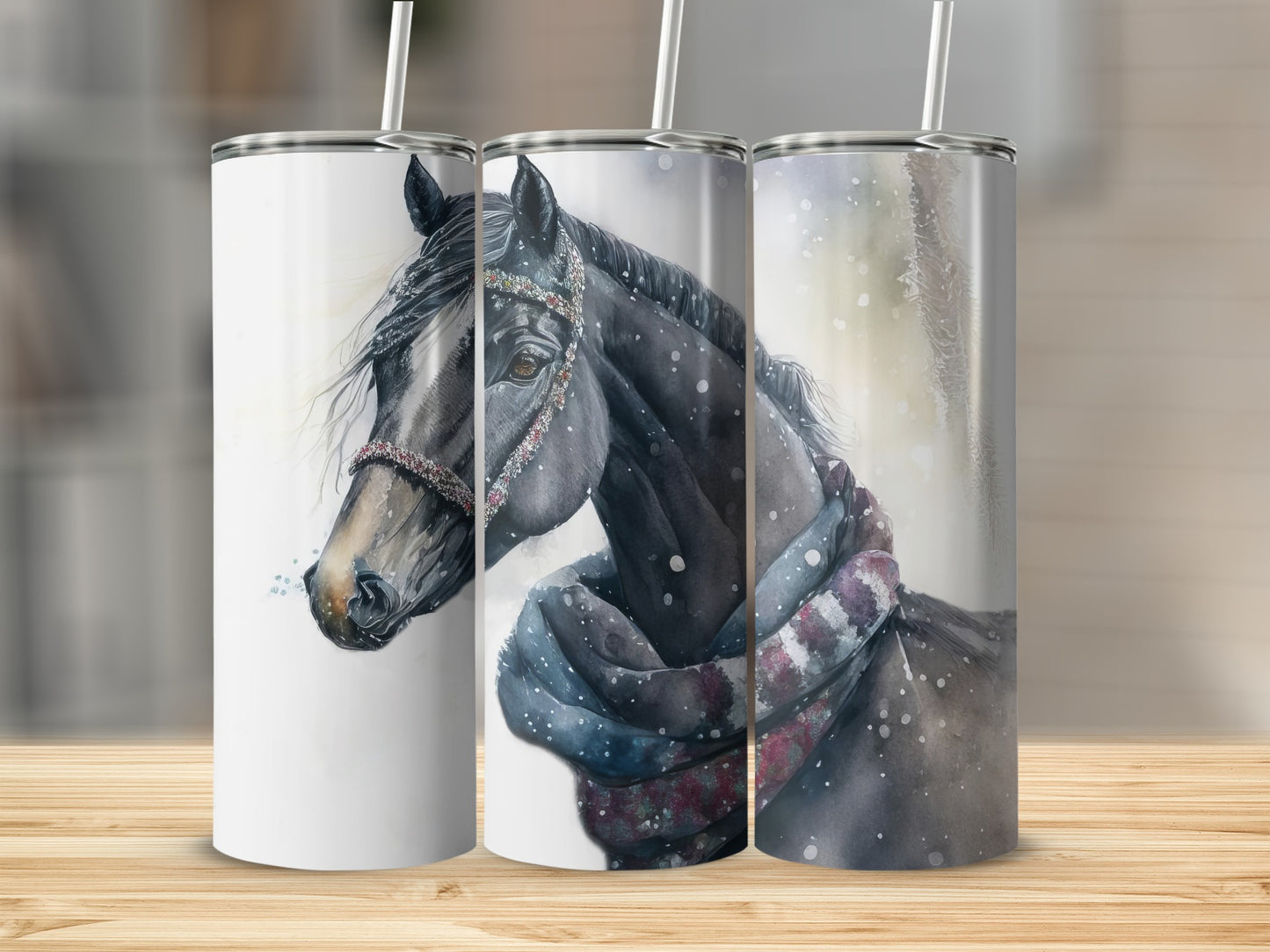 Three tumblers featuring a watercolor painting of a dark horse with a scarf.