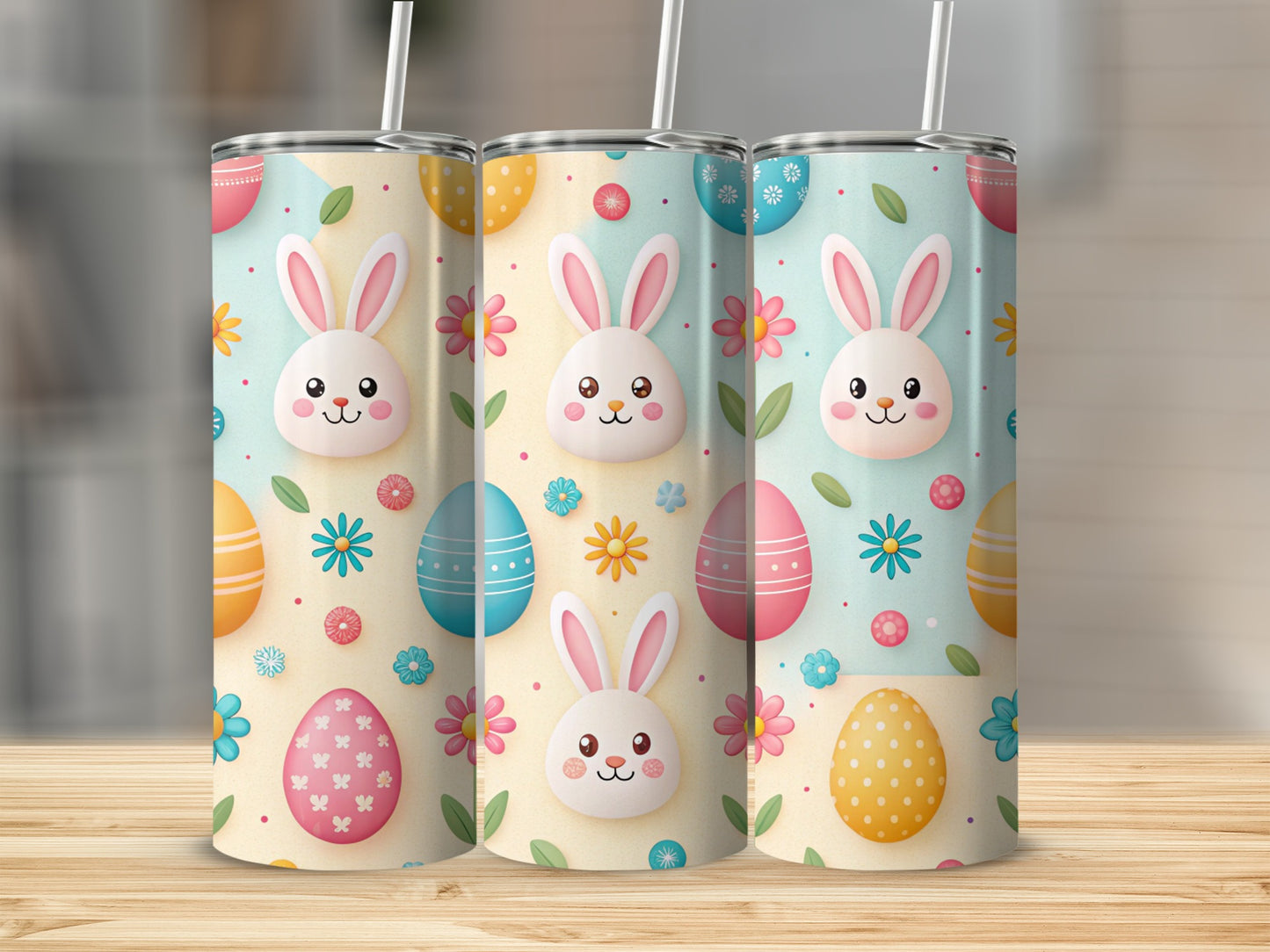 Three Easter themed tumblers with bunnies, eggs, and flowers.