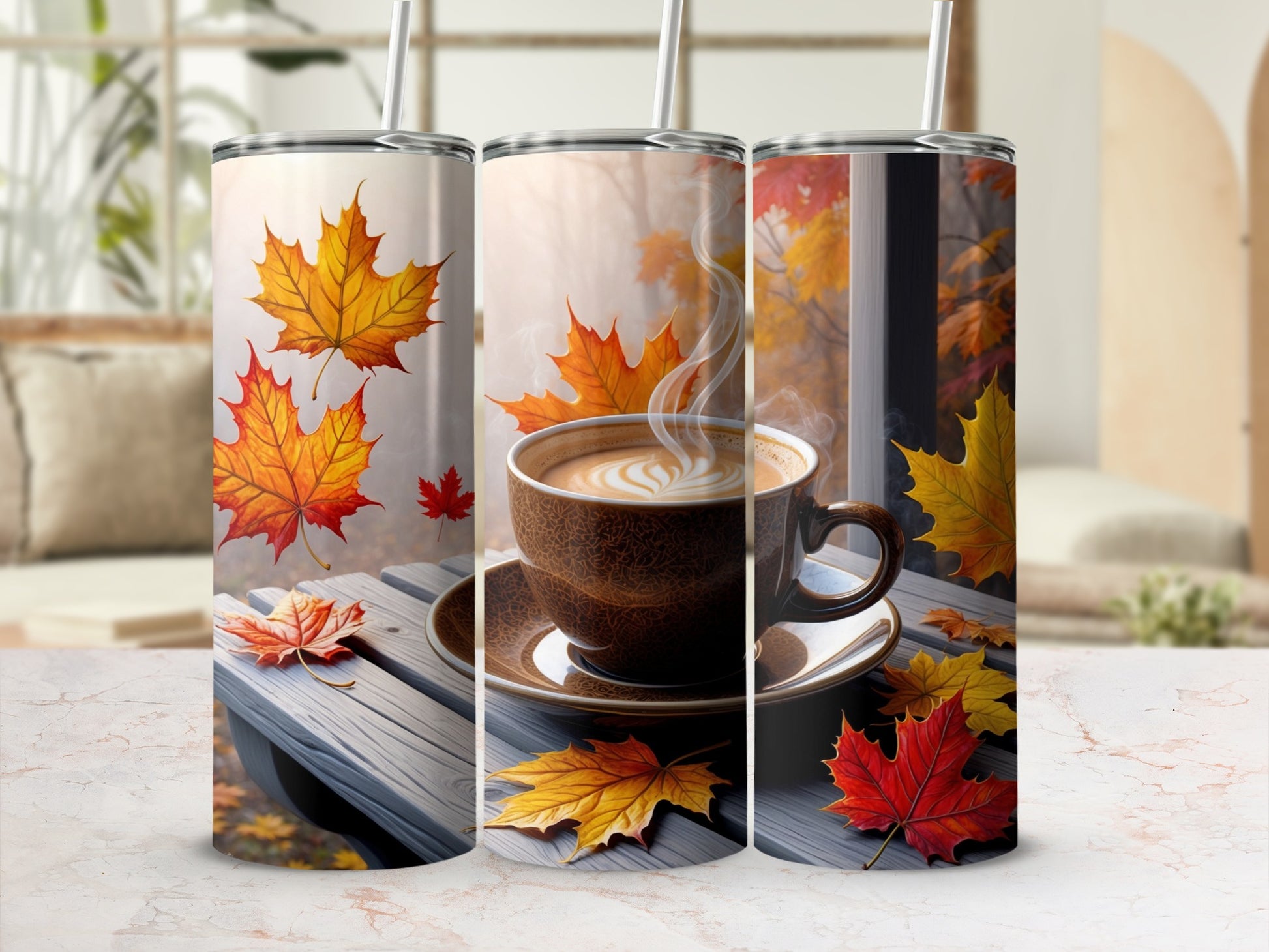 Autumn leaves and steaming coffee cup on a wooden table.