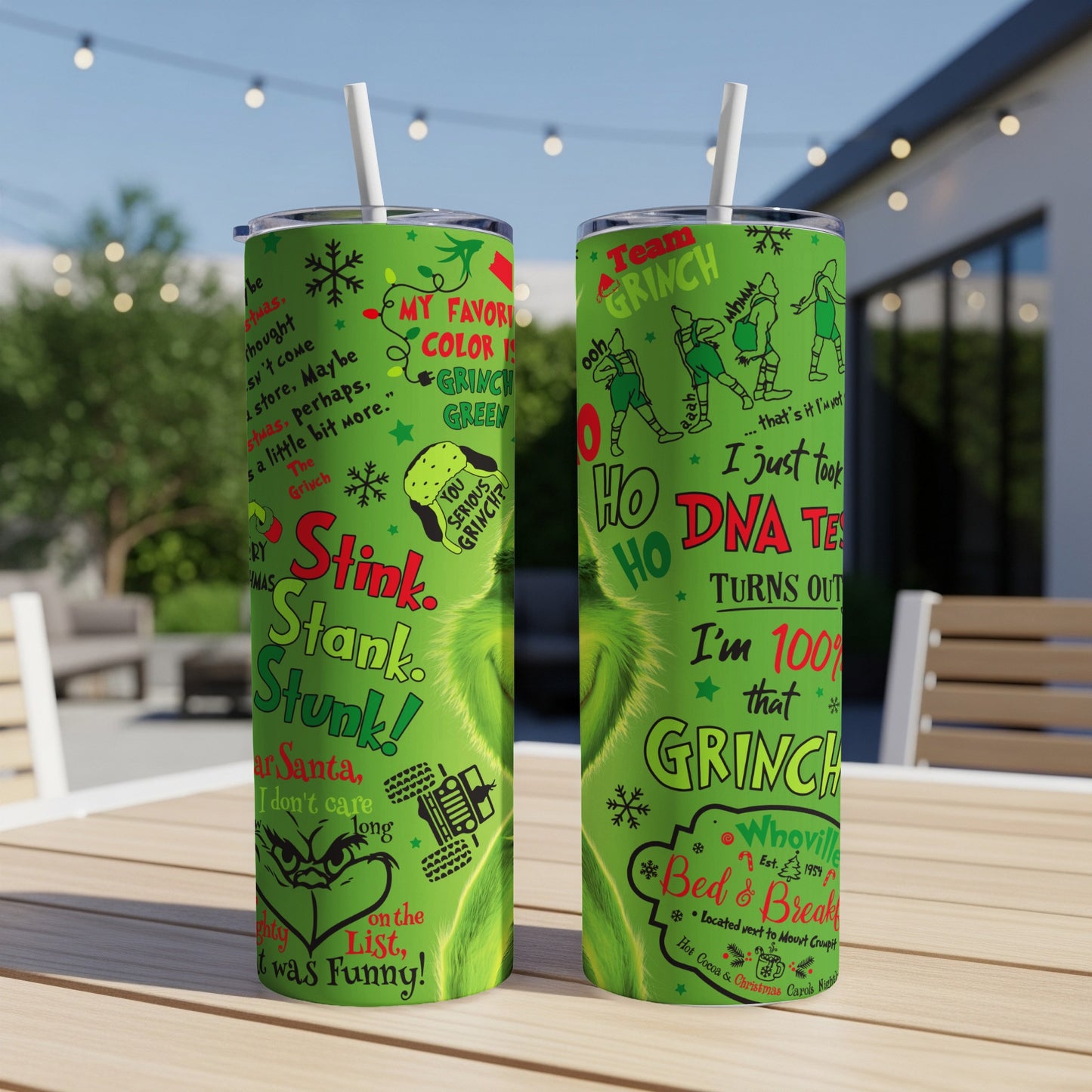 Green Grinch tumbler with "Stink. Stank. Stunk!" and "HO HO HO DNA TEST" text.