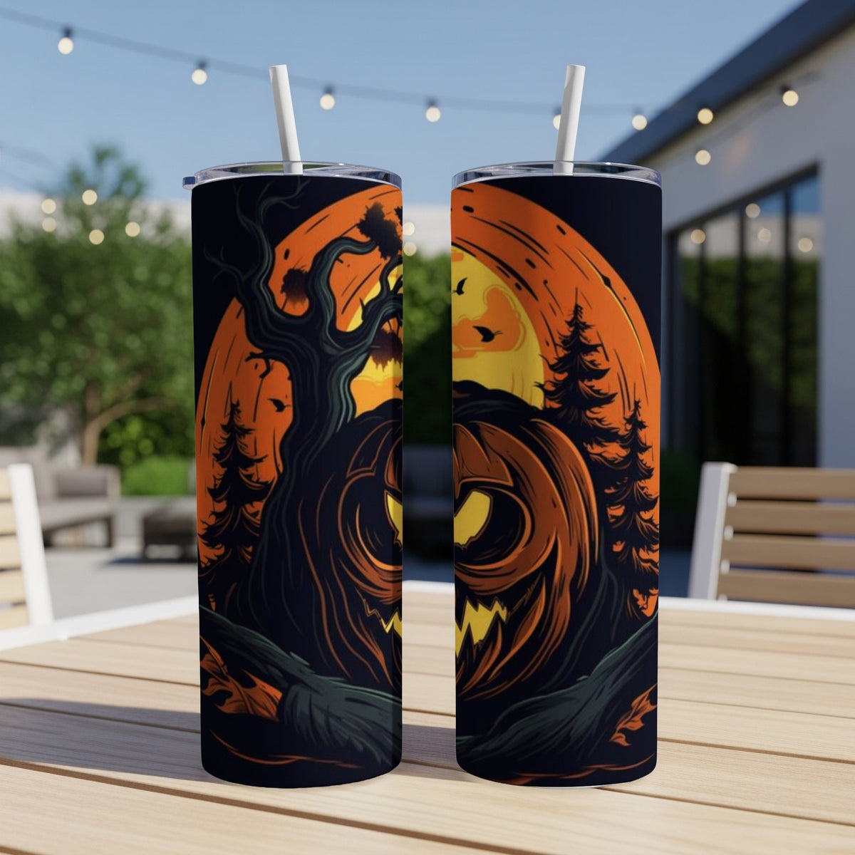 Two tumblers with a spooky Halloween pumpkin and tree design, against an outdoor background.