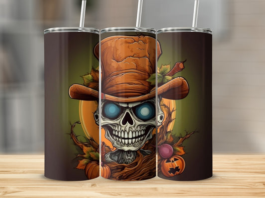 Three tumblers featuring a Halloween skeleton design with pumpkins and autumn leaves.