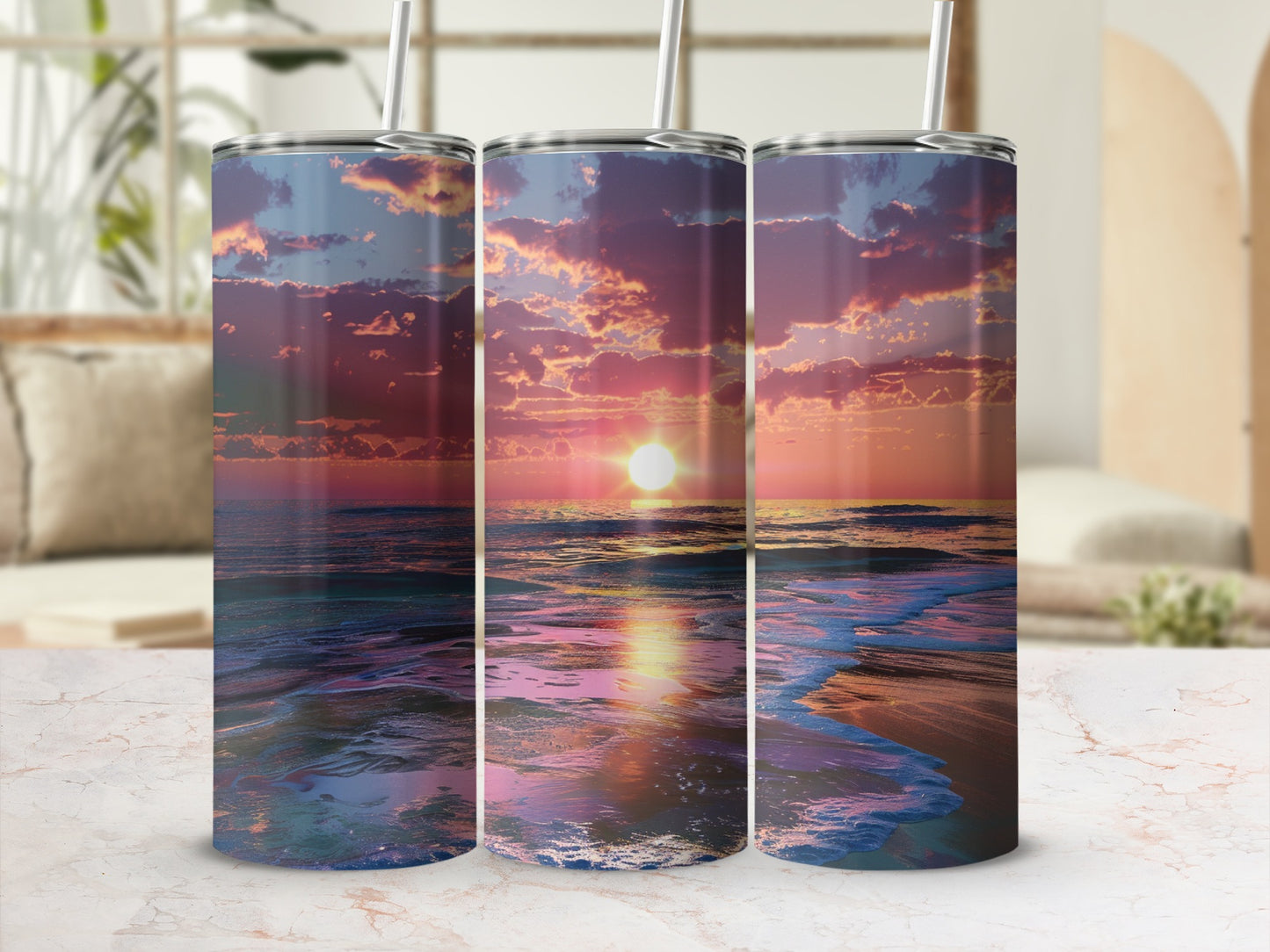Three tumblers showcasing a sunset over the ocean with reflections on the water.