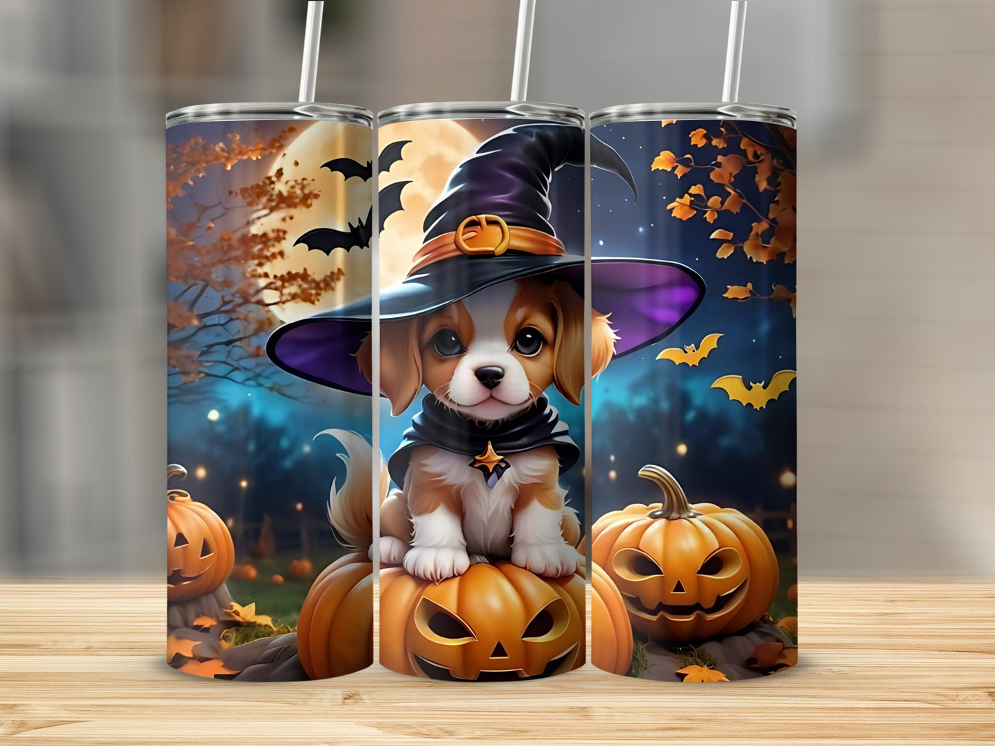 Three Halloween-themed tumblers featuring a dog in a witch hat and pumpkins.