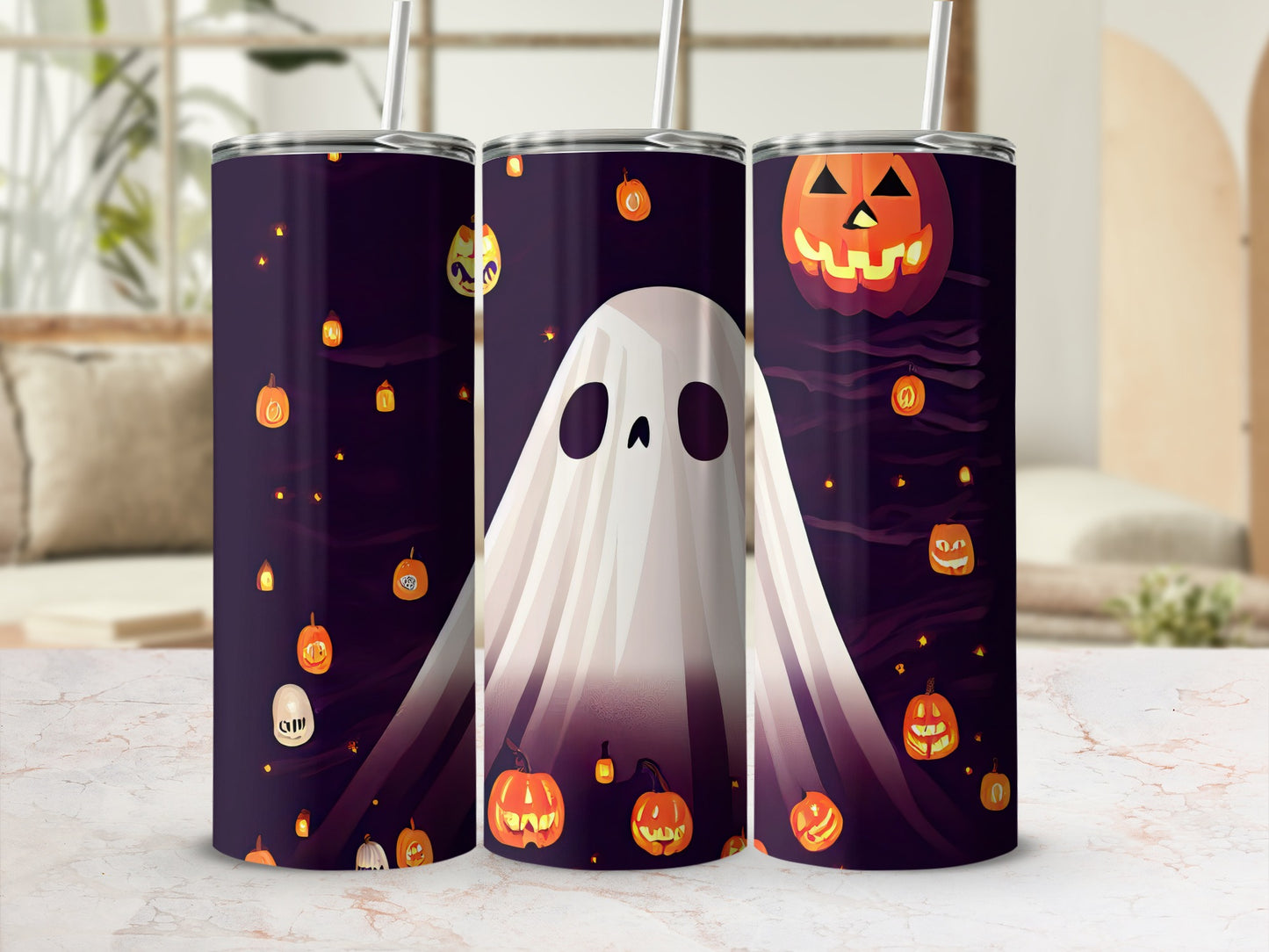 Halloween Ghost and Pumpkins Themed Tumbler