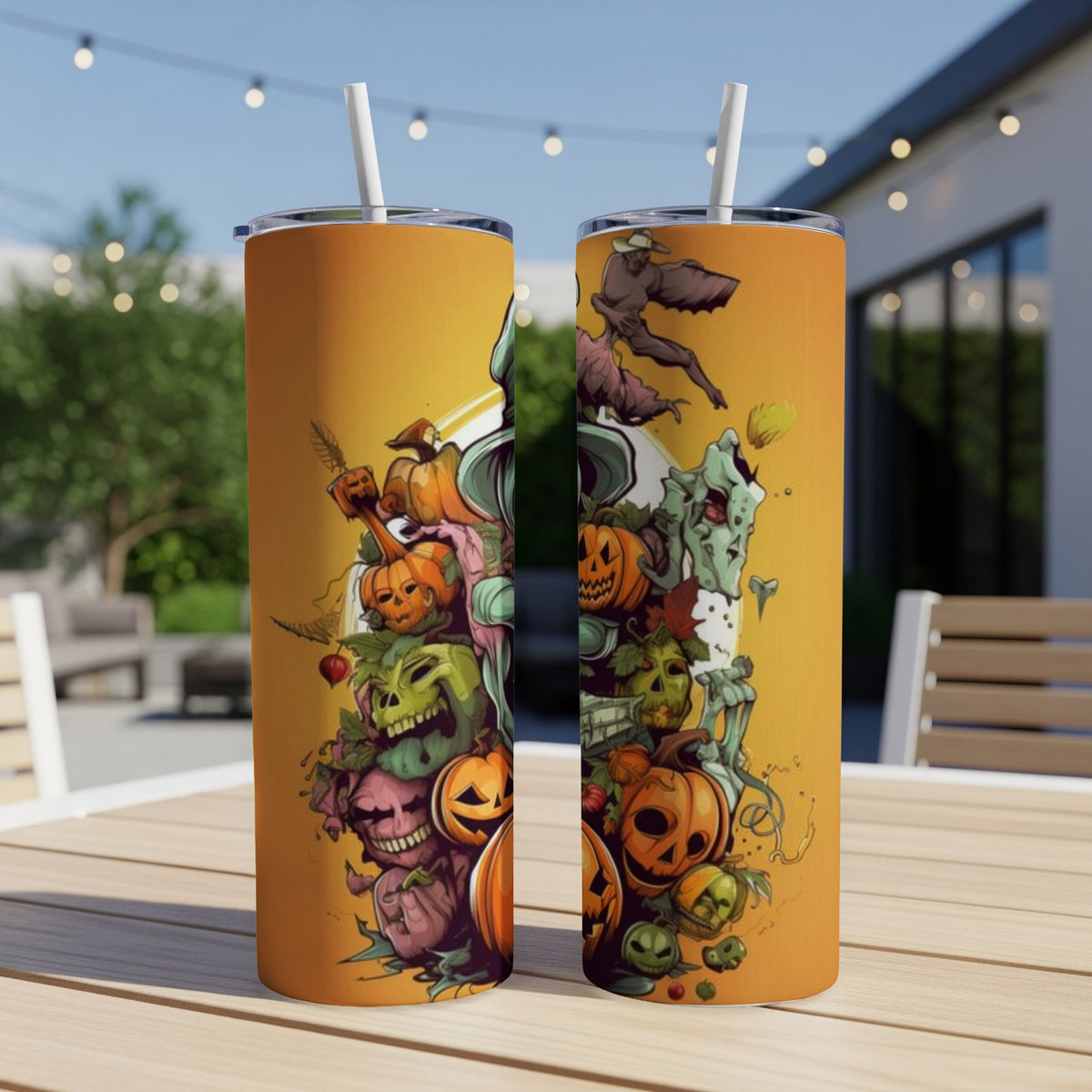 Two tumblers with a Halloween-themed graphic of skulls, pumpkins, and mythical creatures.