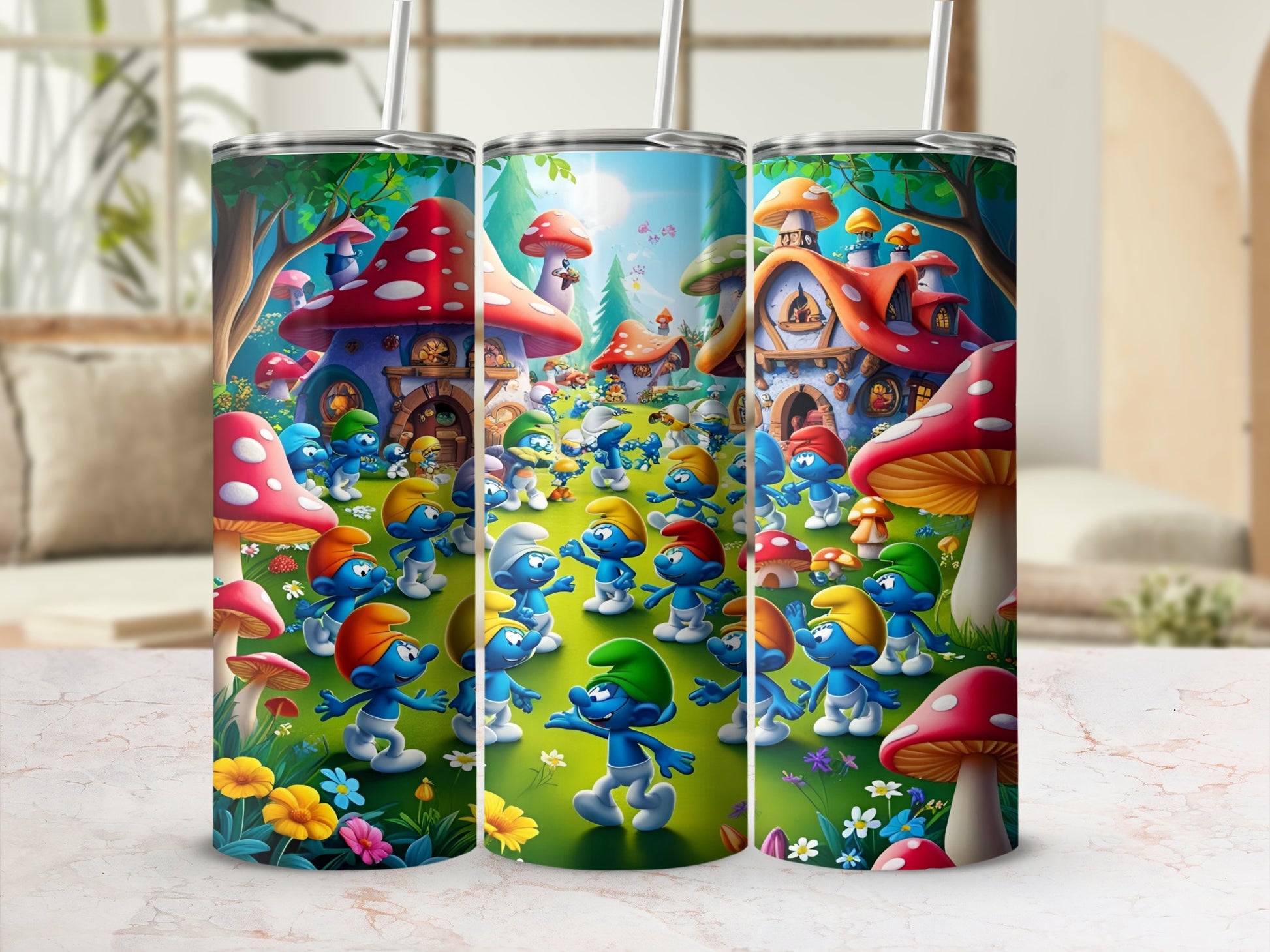 Smurfs in a village of mushroom houses.