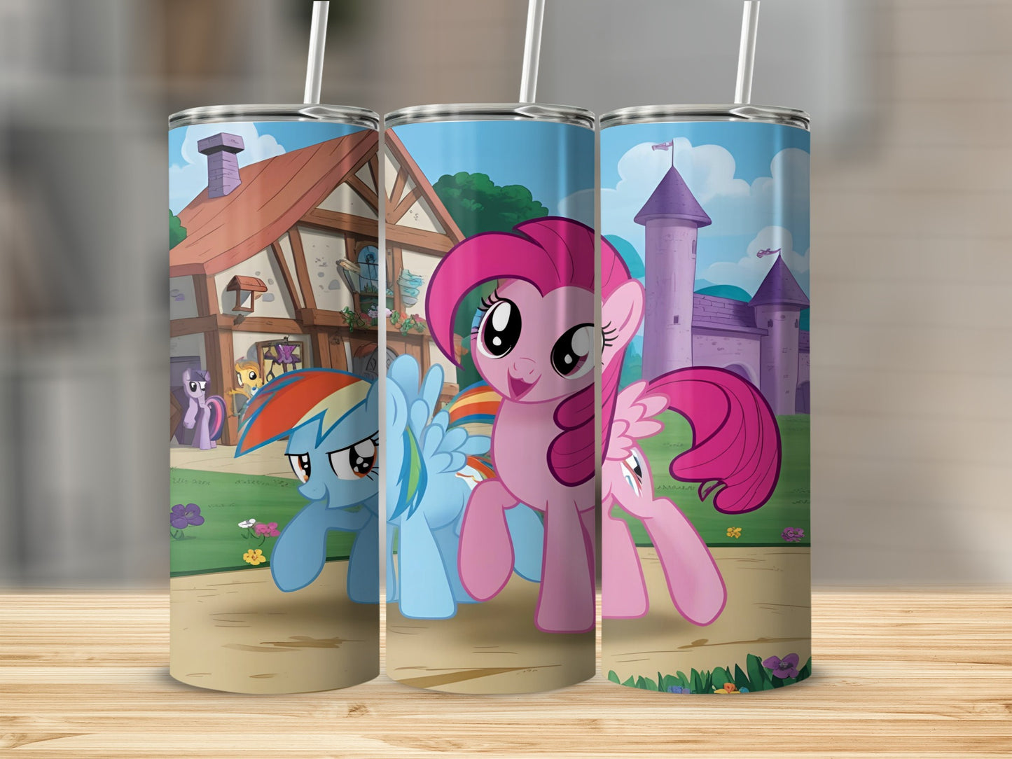 Three My Little Pony tumblers featuring Rainbow Dash and Pinkie Pie in a colorful background.