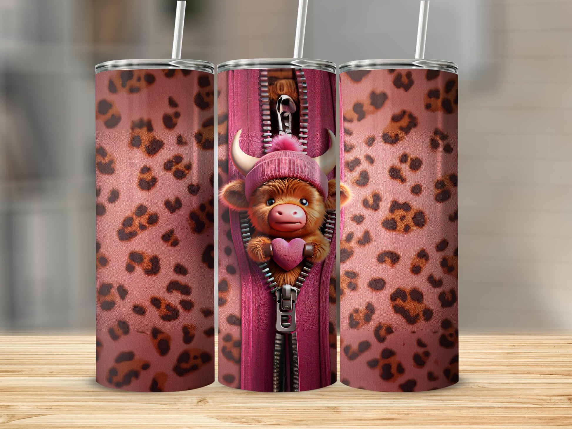 Pink cheetah print tumbler with a cute cow wearing a pink hat and heart.