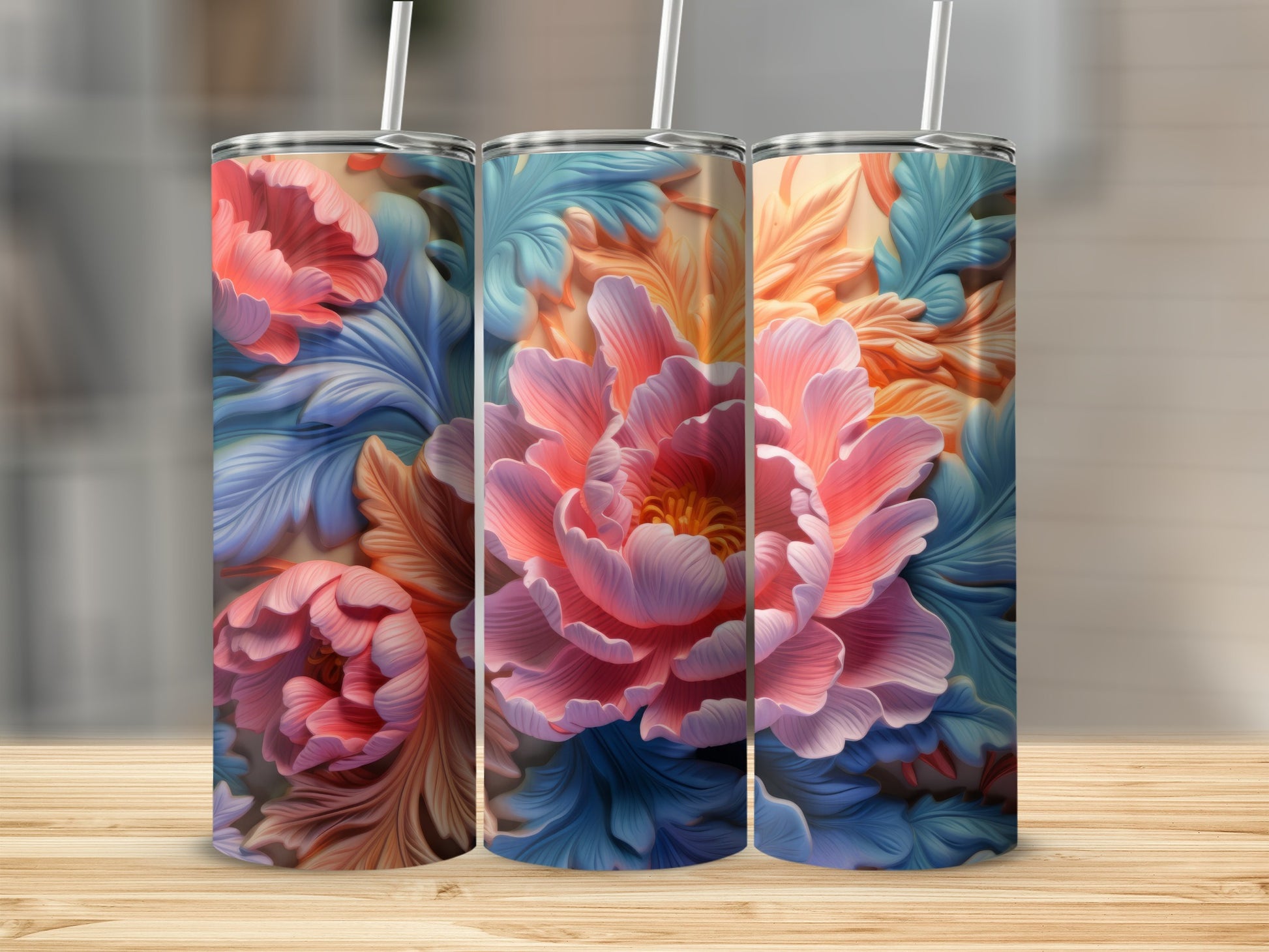 Floral Themed Colorful Insulated Tumbler with Straw