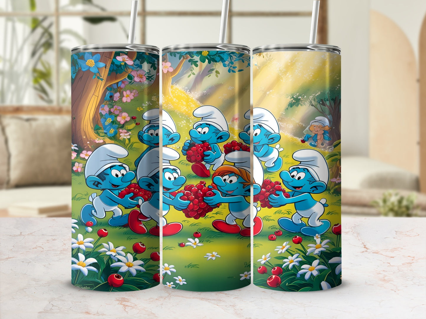 Smurfs gathering berries in a sunlit forest clearing.