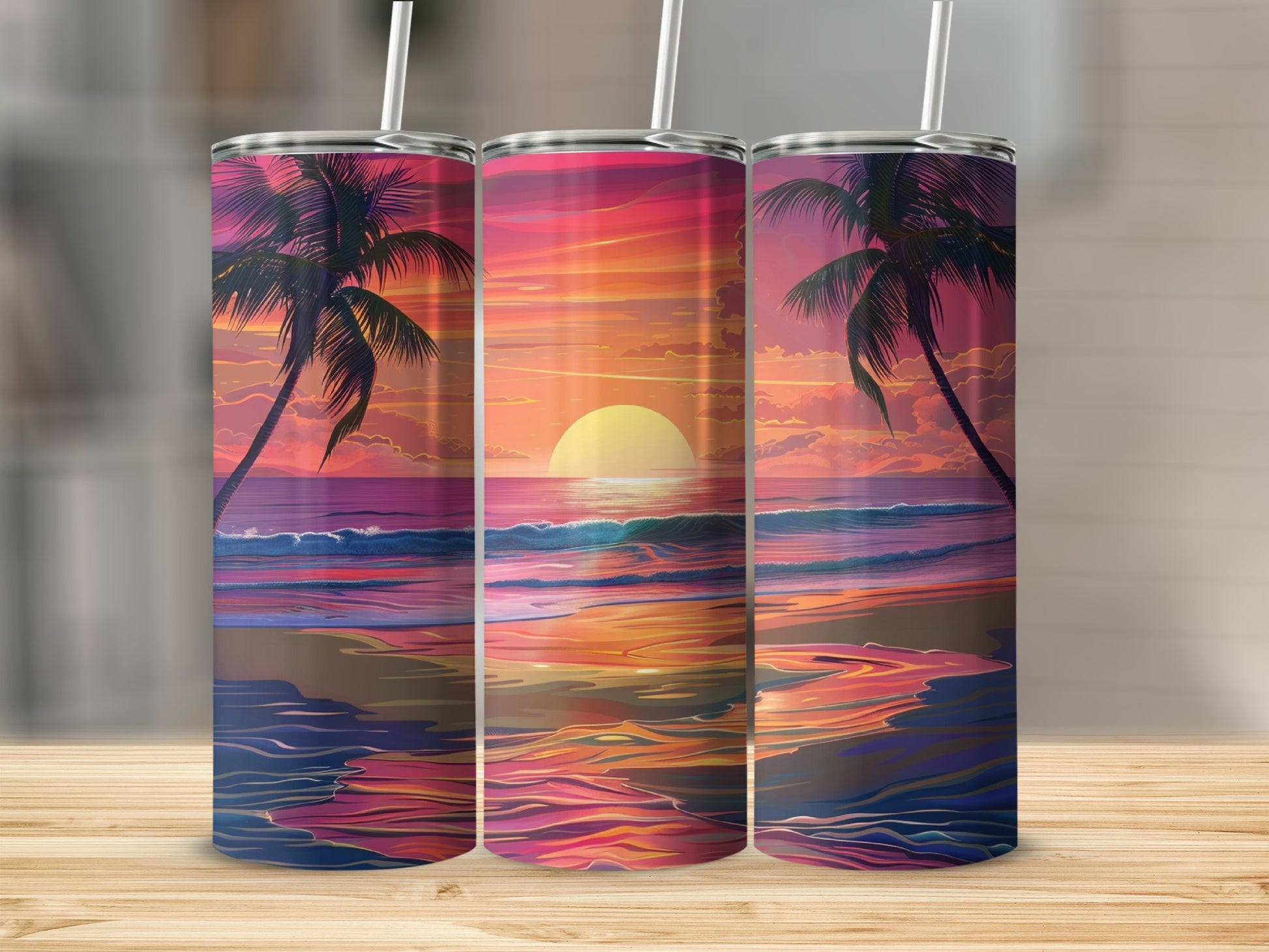 Three tumblers featuring a vibrant sunset beach scene with palm trees.