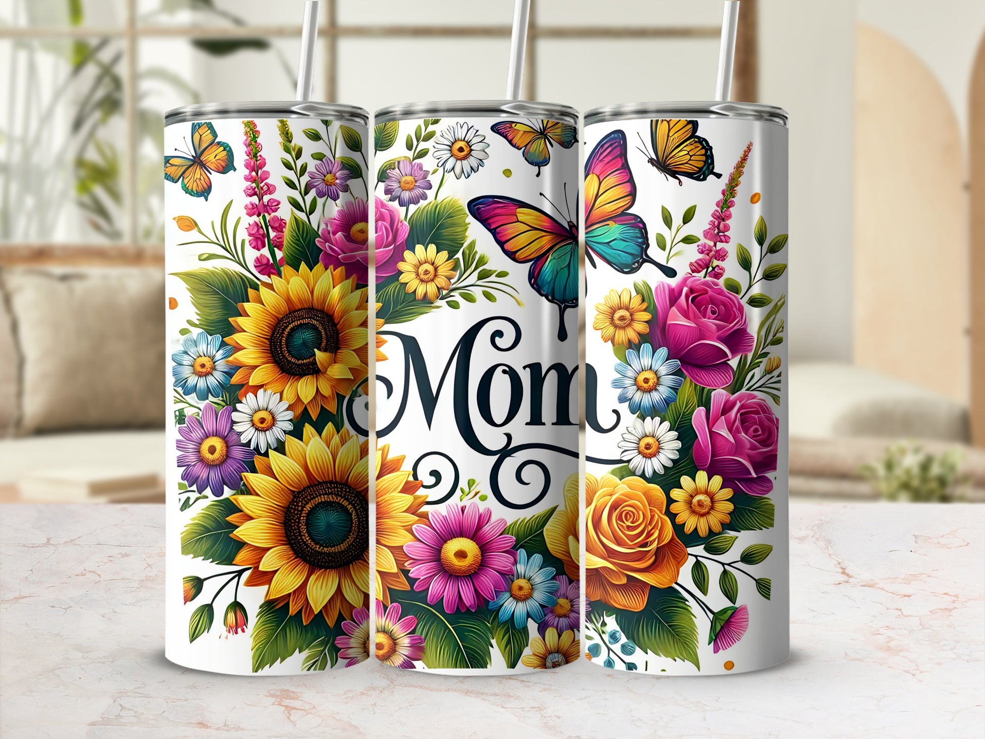 Colorful Floral Mom Insulated Tumbler Cup with Straw