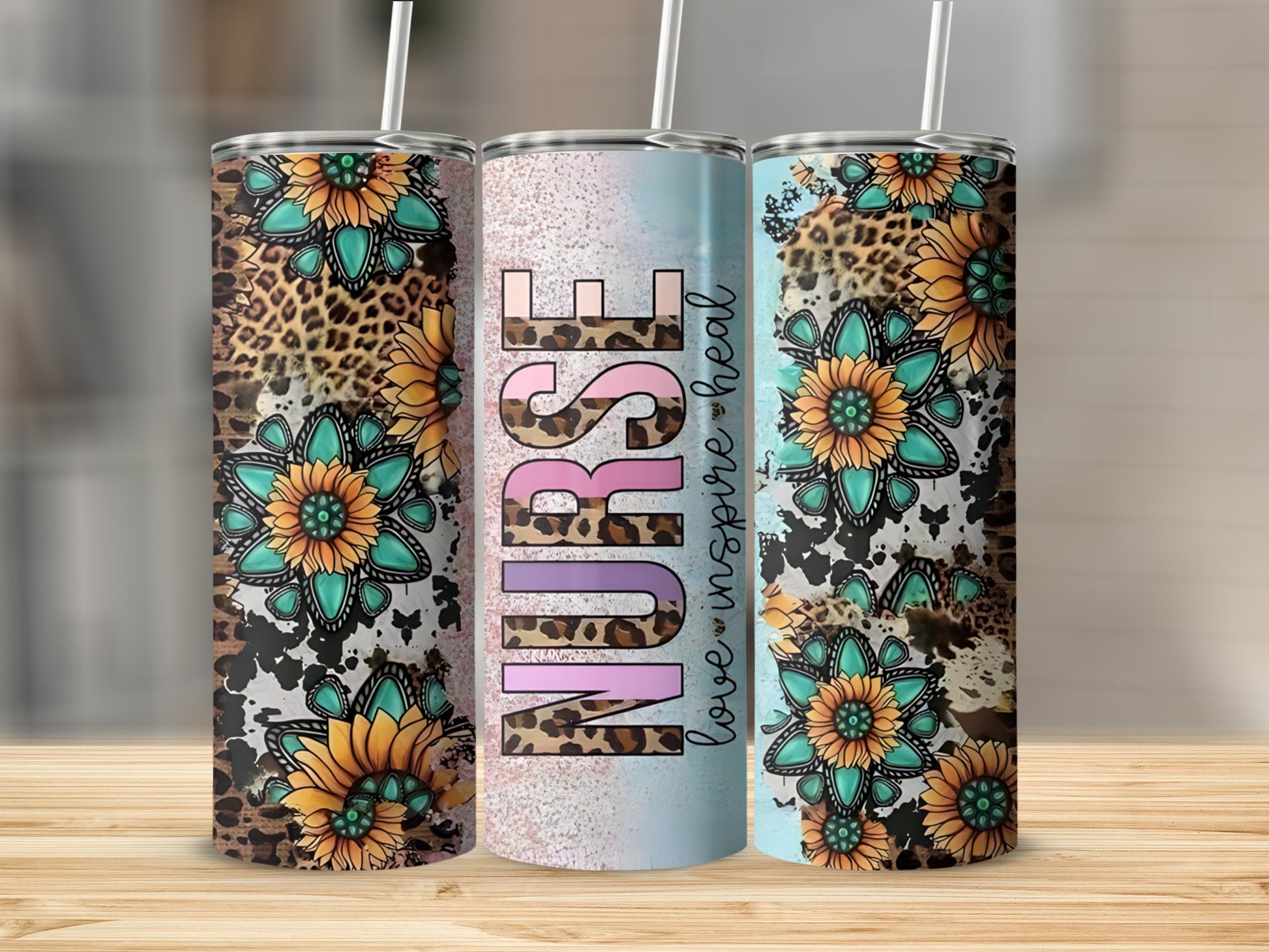 Leopard print and floral nurse tumbler with "love inspire heal" text.