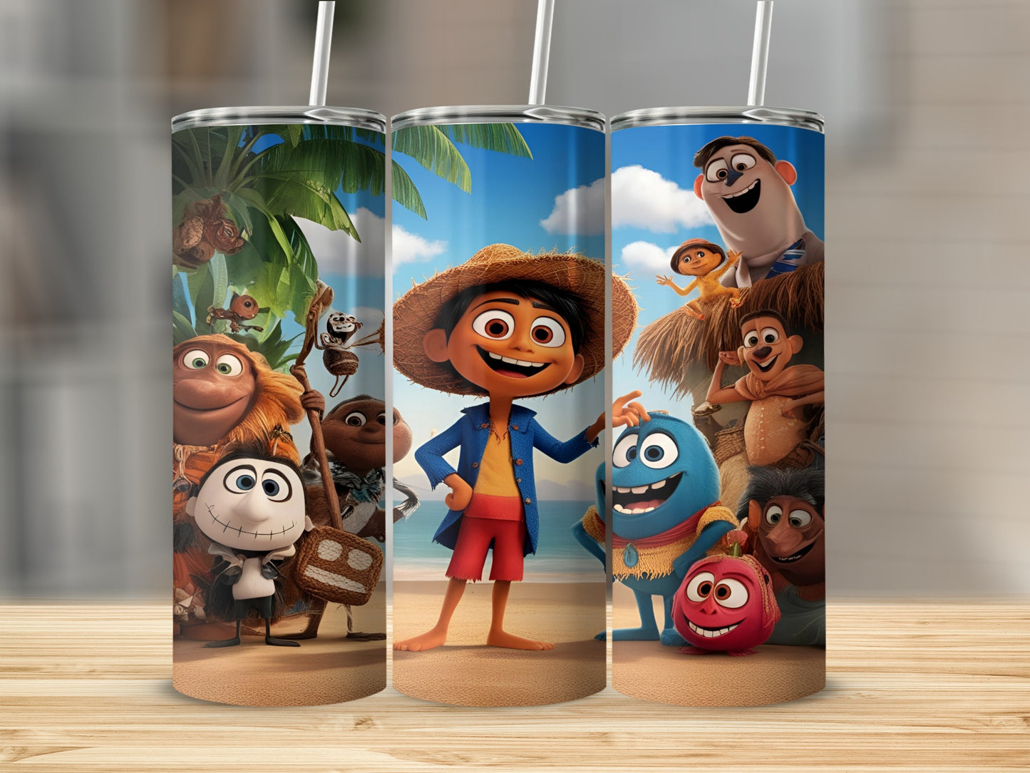 Animated characters on beach scene tumbler with straw.