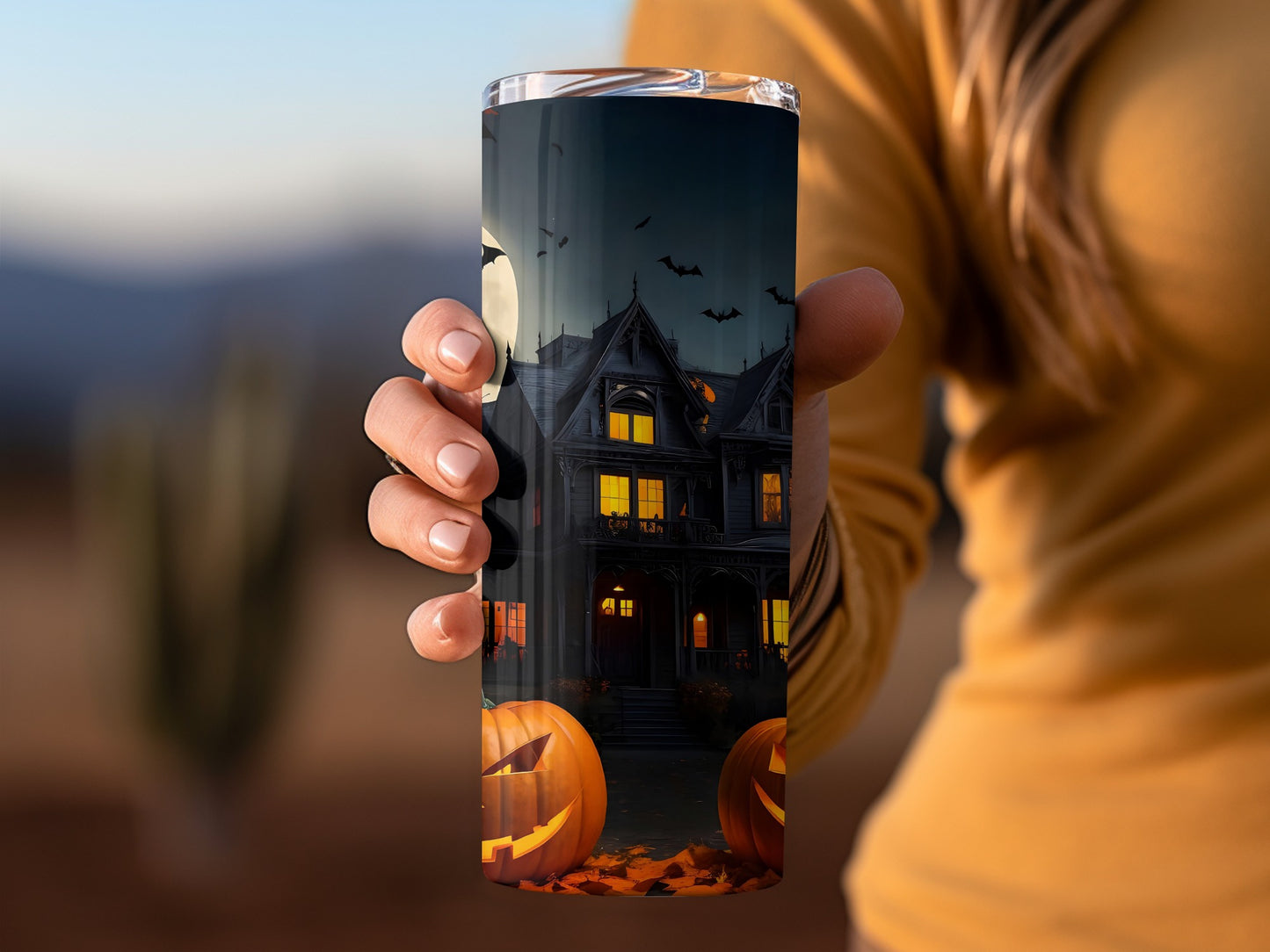 Spooky Haunted House and Pumpkins Themed Tumbler Cup