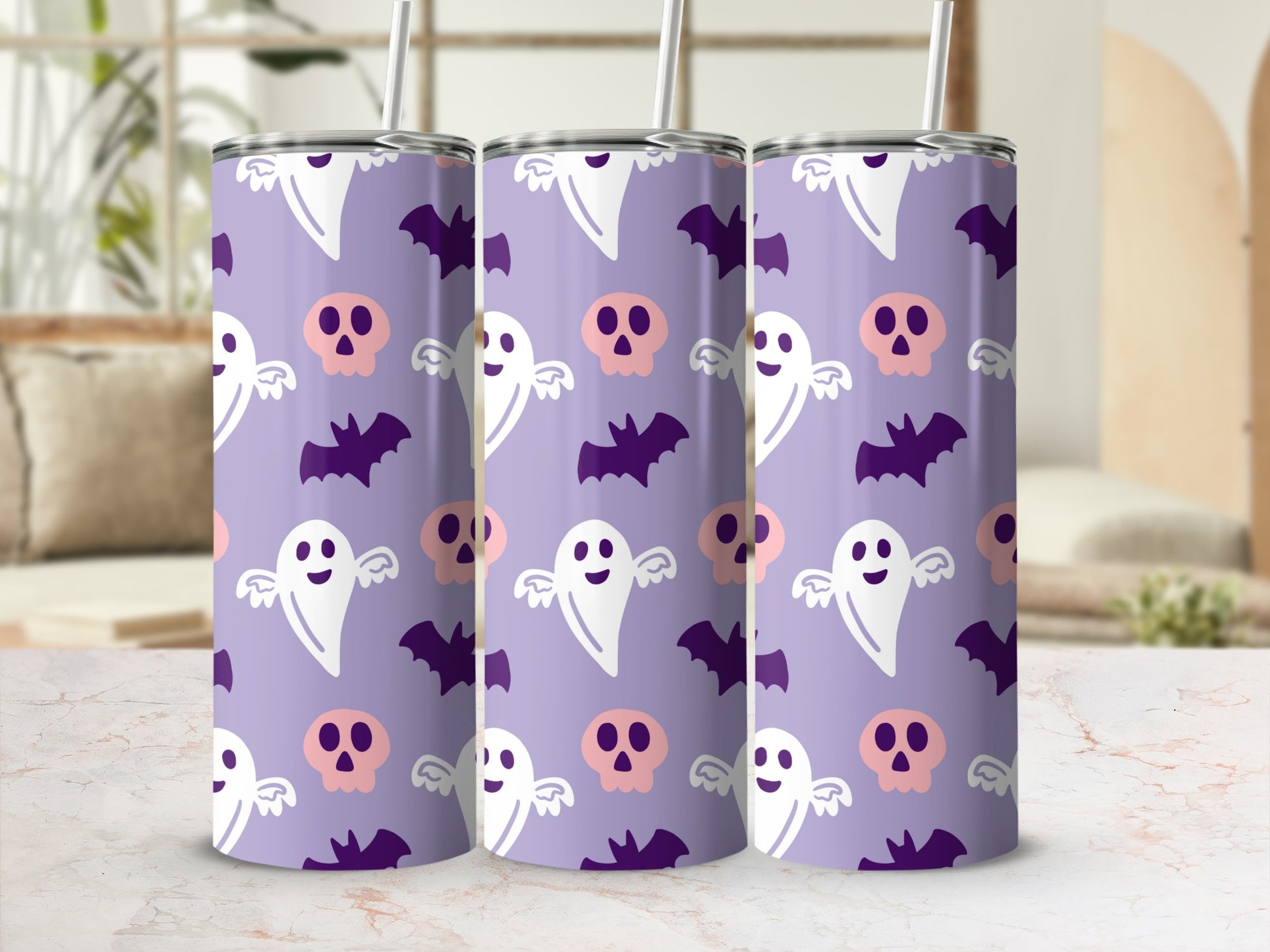 Cute Halloween Ghosts and Bats Patterned Tumbler