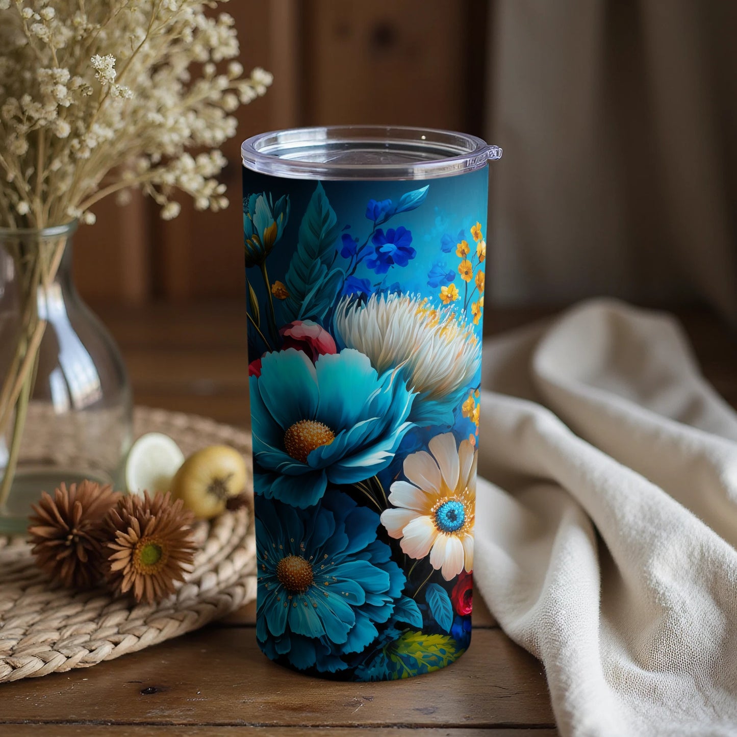 Vibrant Floral Pattern Travel Tumbler with Lid
