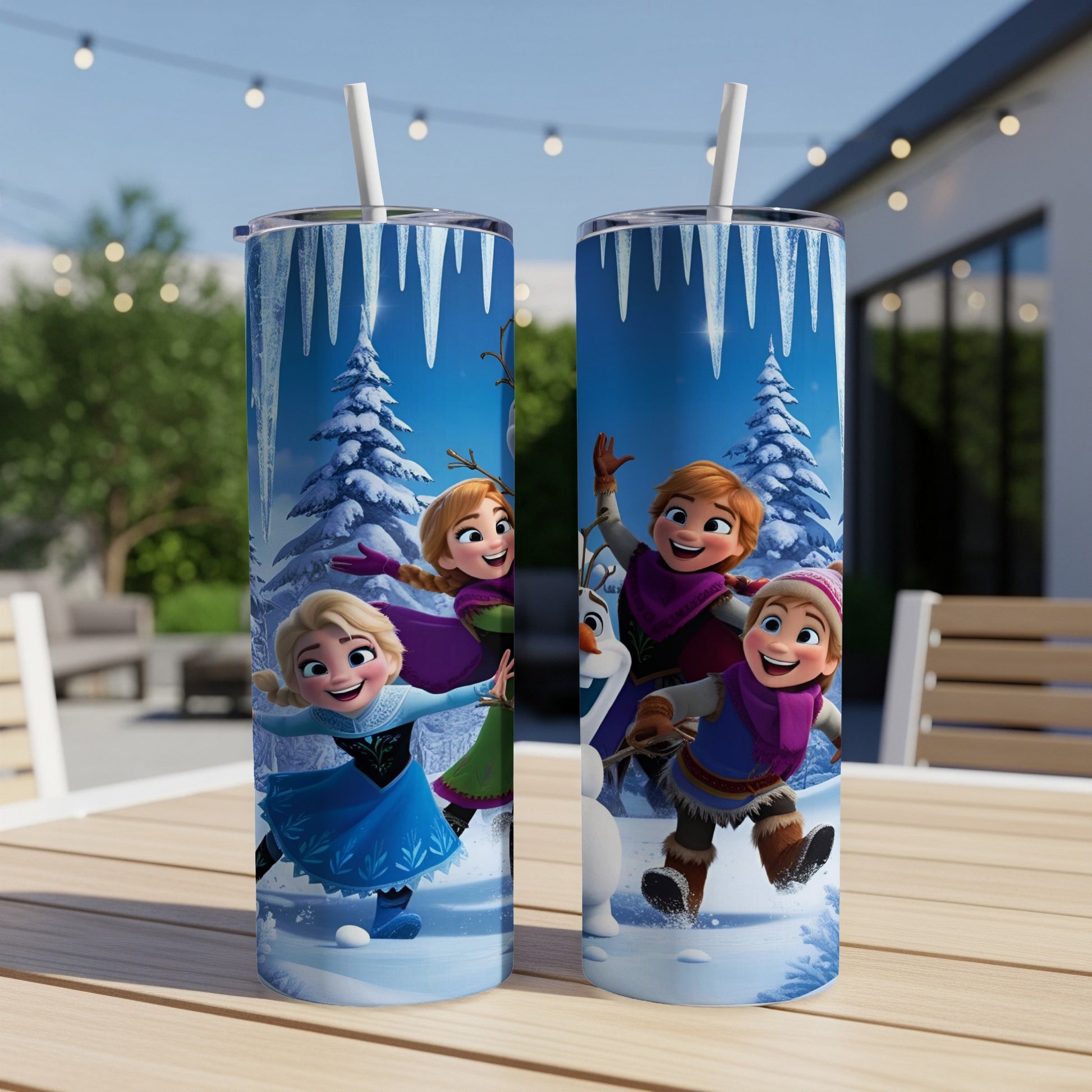 Frozen characters Elsa, Anna, Olaf, and Kristoff in a snowy forest.