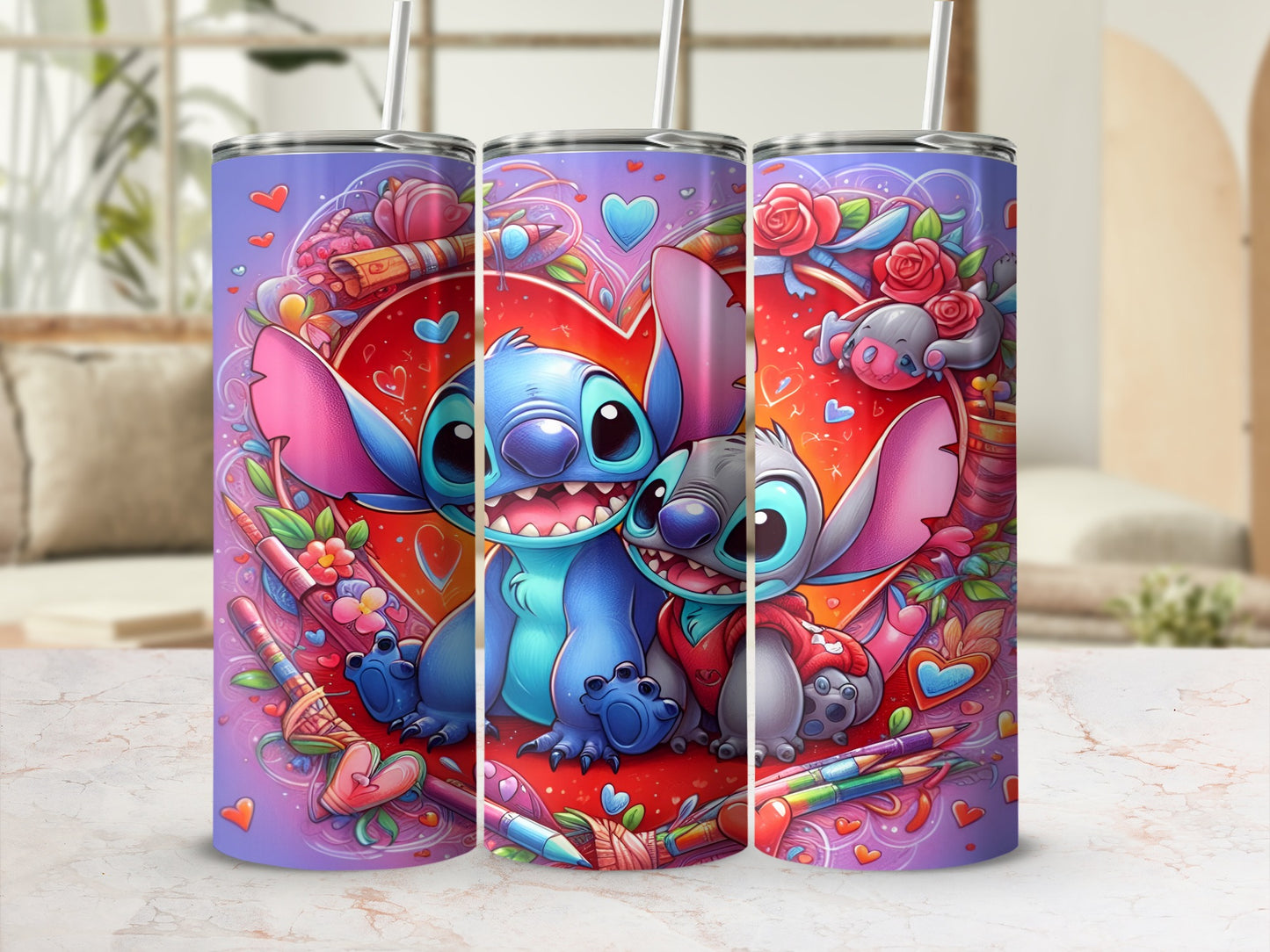 Stitch and Angel characters in heart design with heart and flower accents.